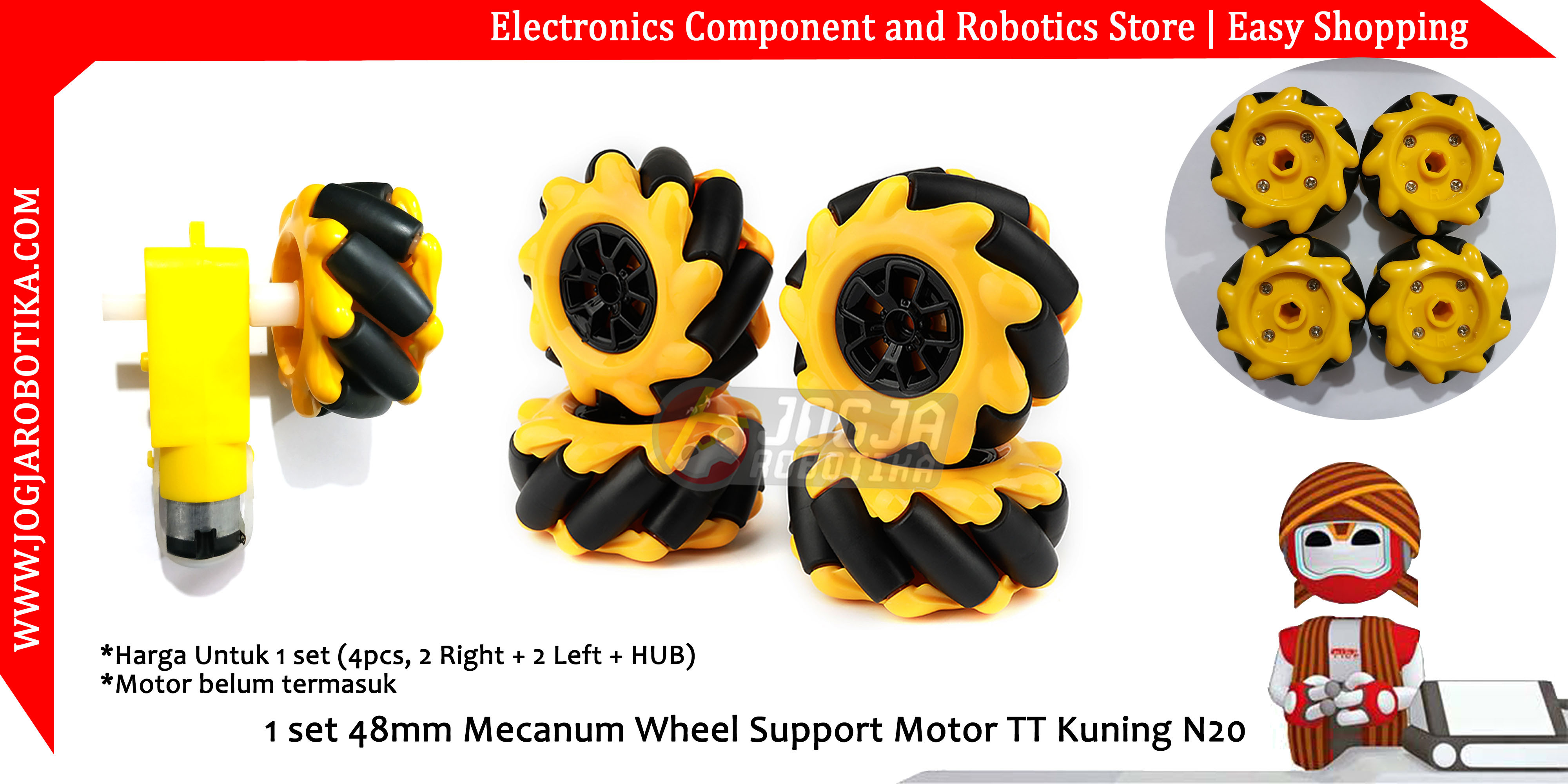 1 set 48mm Mecanum Wheel Support Motor TT Kuning N20