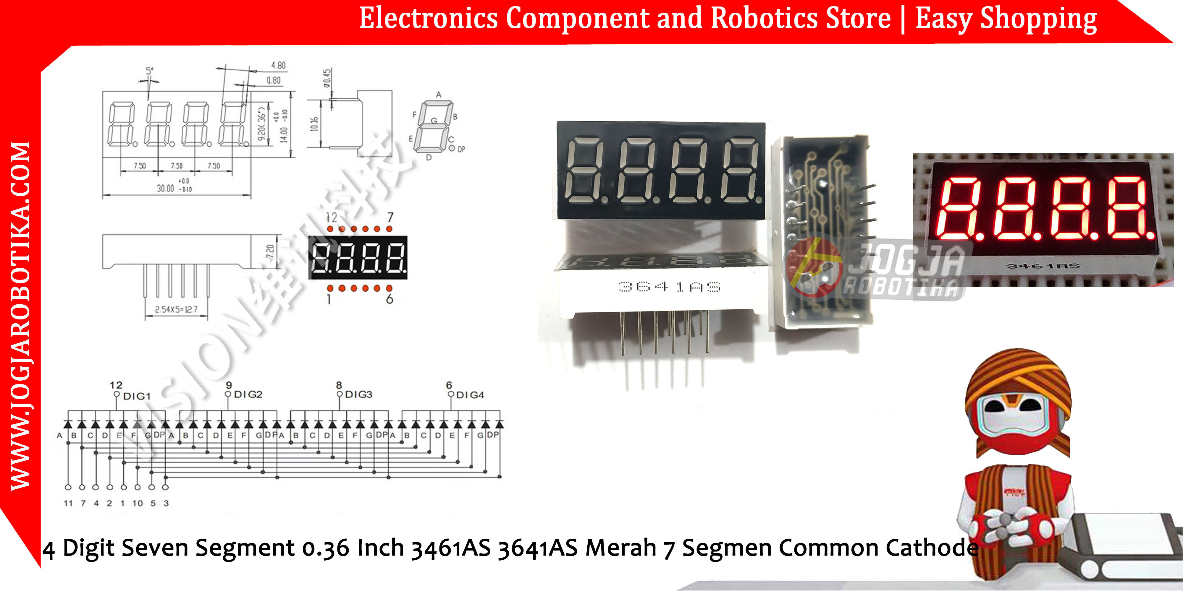 4 Digit Seven Segment 0.36 Inch 3461AS 3641AS Merah 7 Segmen Common Cathode