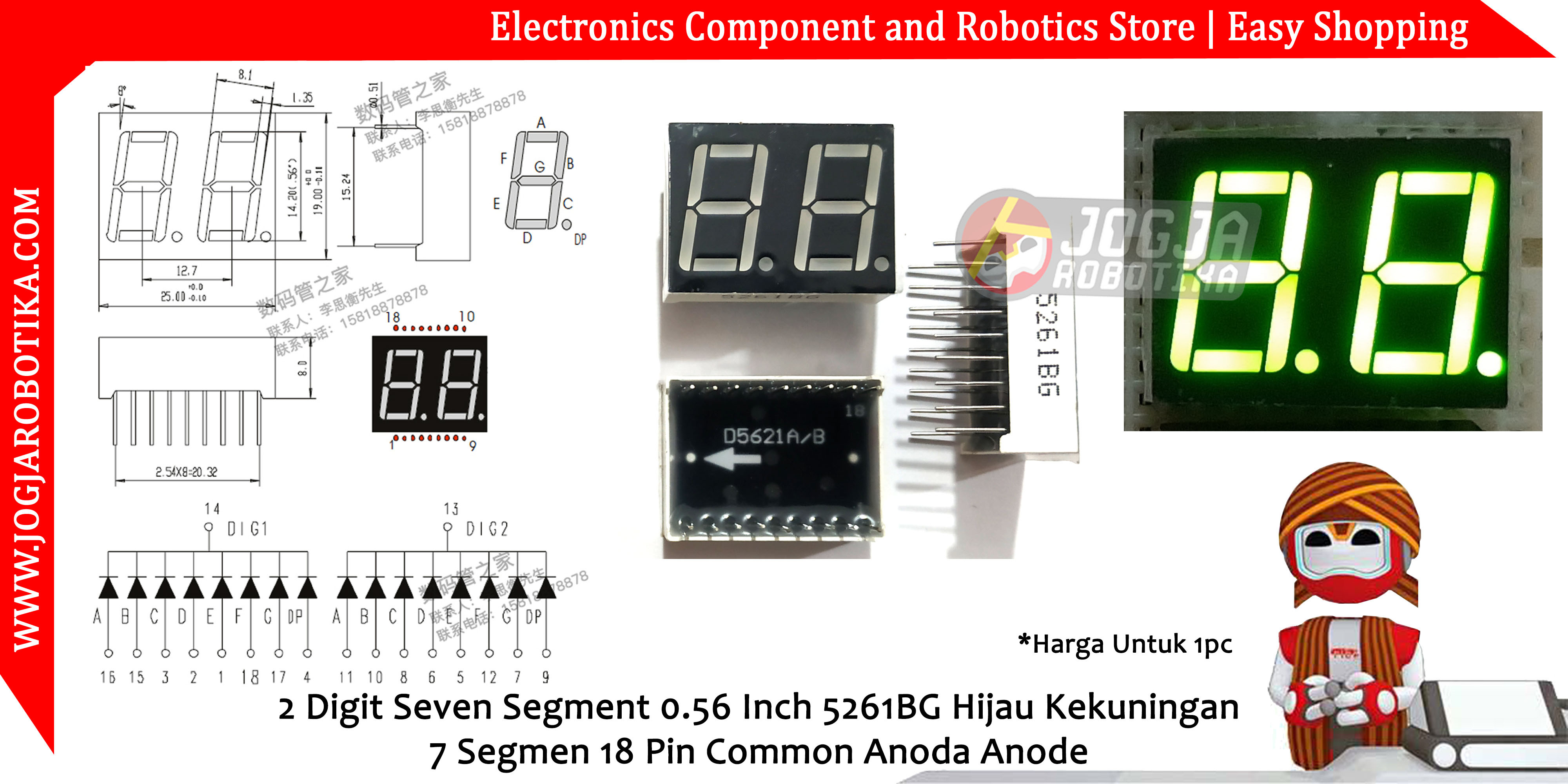 2 Digit Seven Segment 0.56 Inch 5261BG Hijau Kekuningan 7 Segmen 18 Pin Common Anoda Anode