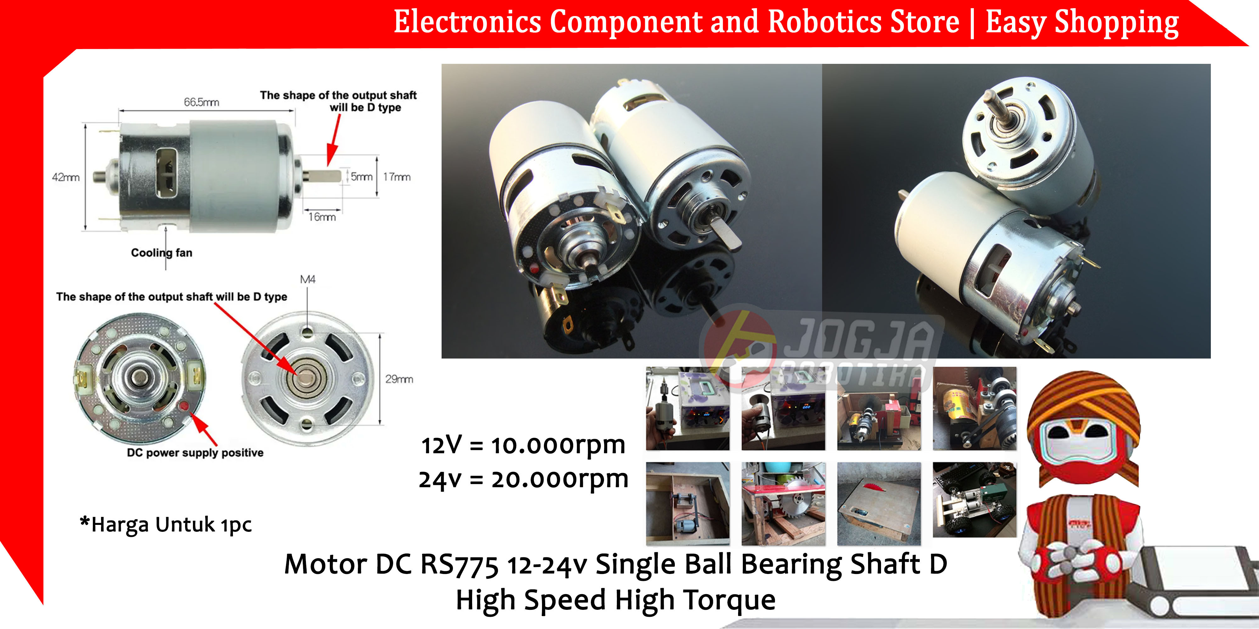 Motor DC RS775 12-24v Single Ball Bearing Shaft D High Speed High Torque