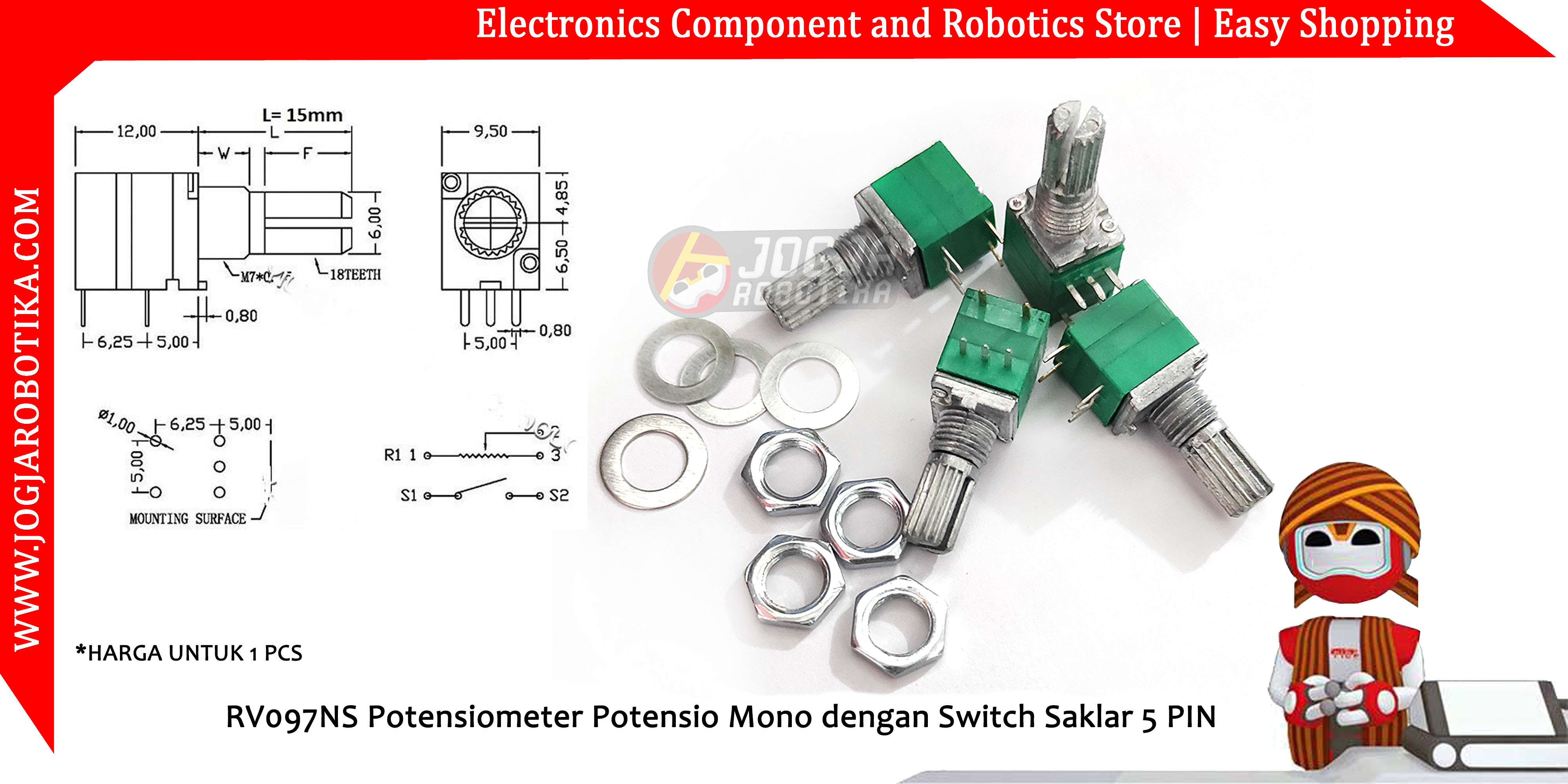 RV097NS Potensiometer Potensio Mono dengan Switch Saklar 5 PIN 100K