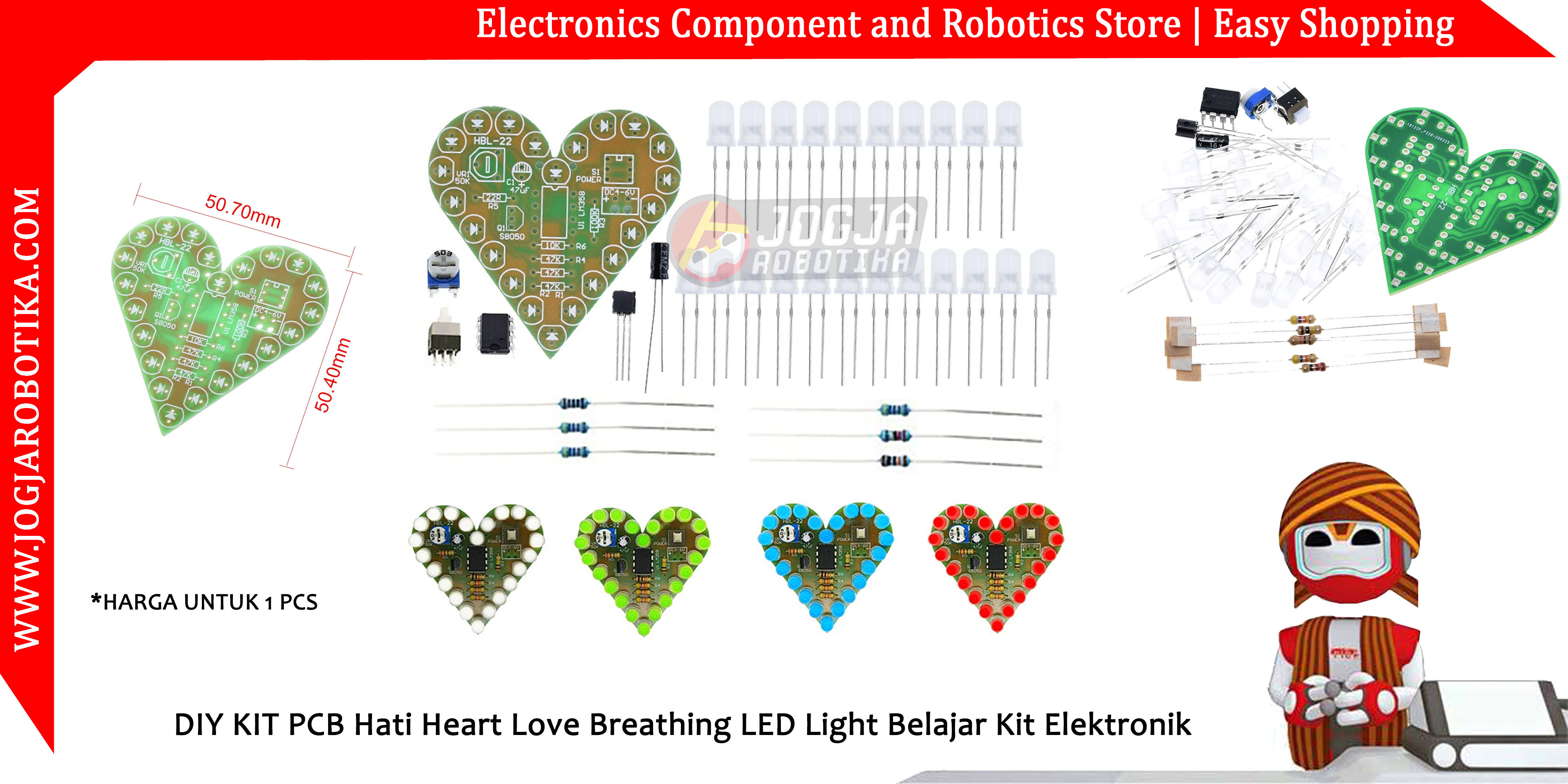 DIY KIT PCB Hati Heart Love Breathing LED Light Belajar Kit Elektronik -Merah