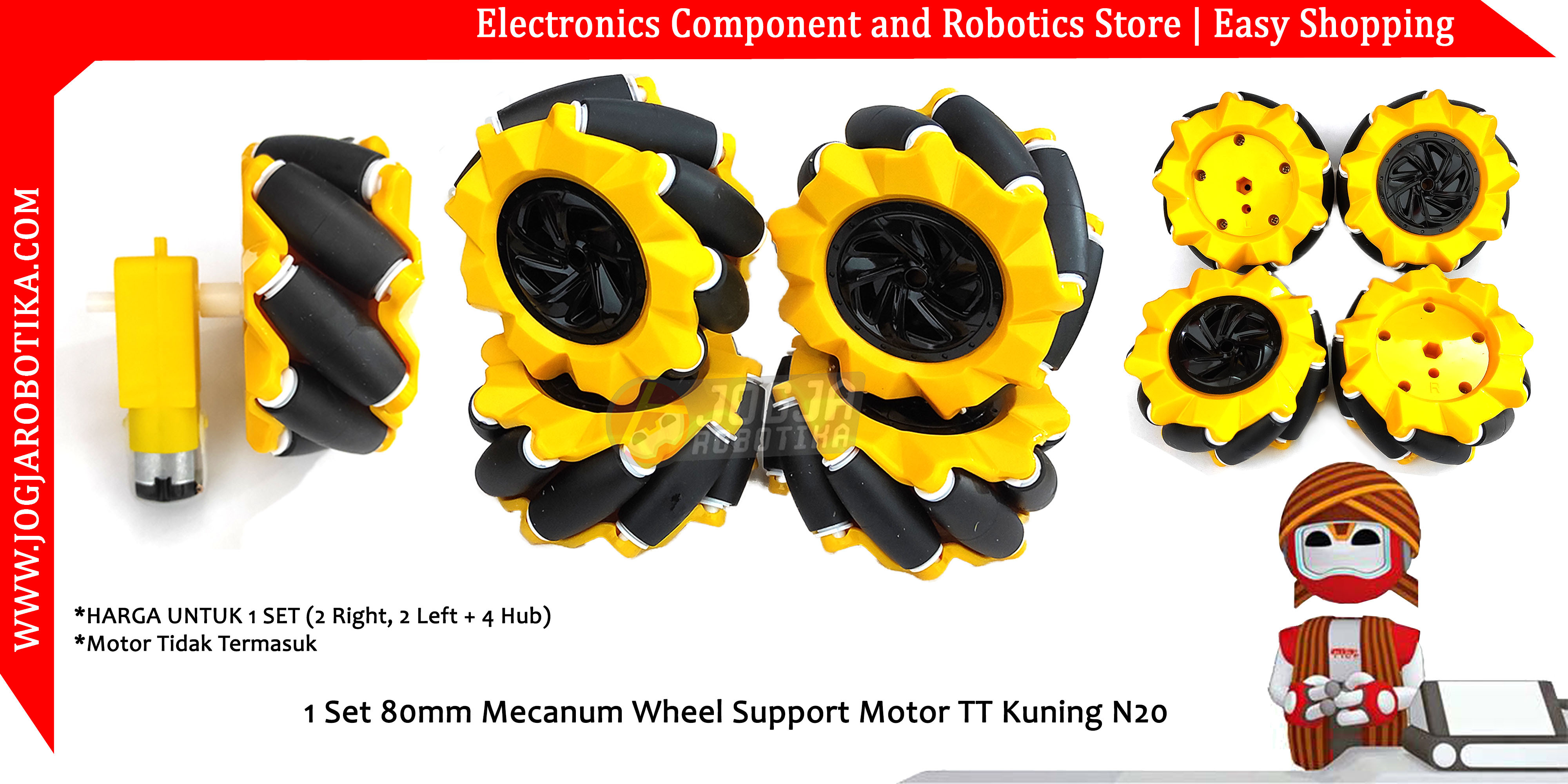 1 Set 80mm Mecanum Wheel Support Motor TT Kuning N20
