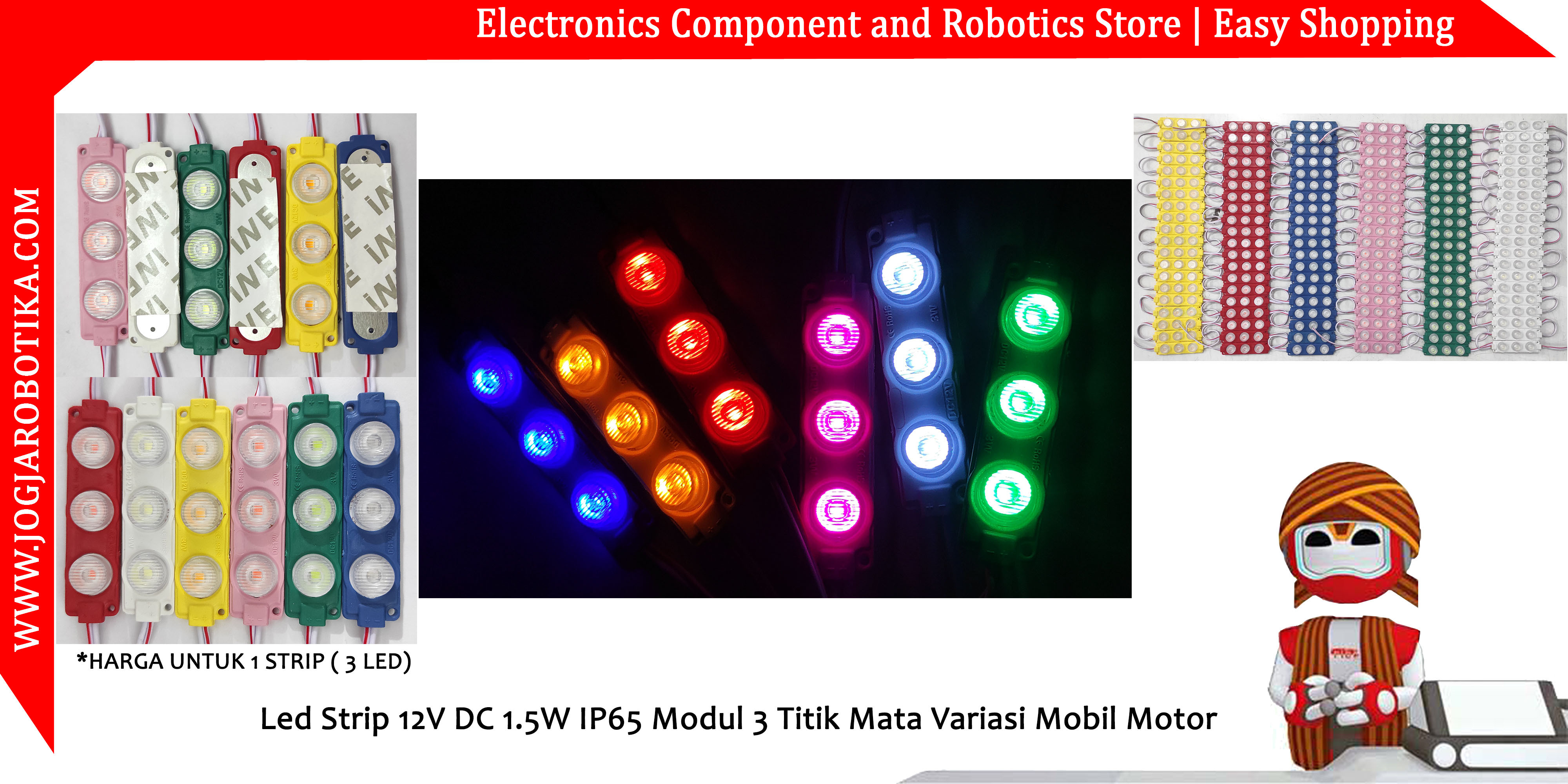 Led Strip 12V DC 1.5W IP65 Modul 3 Titik Mata Variasi Mobil Motor-Hijau