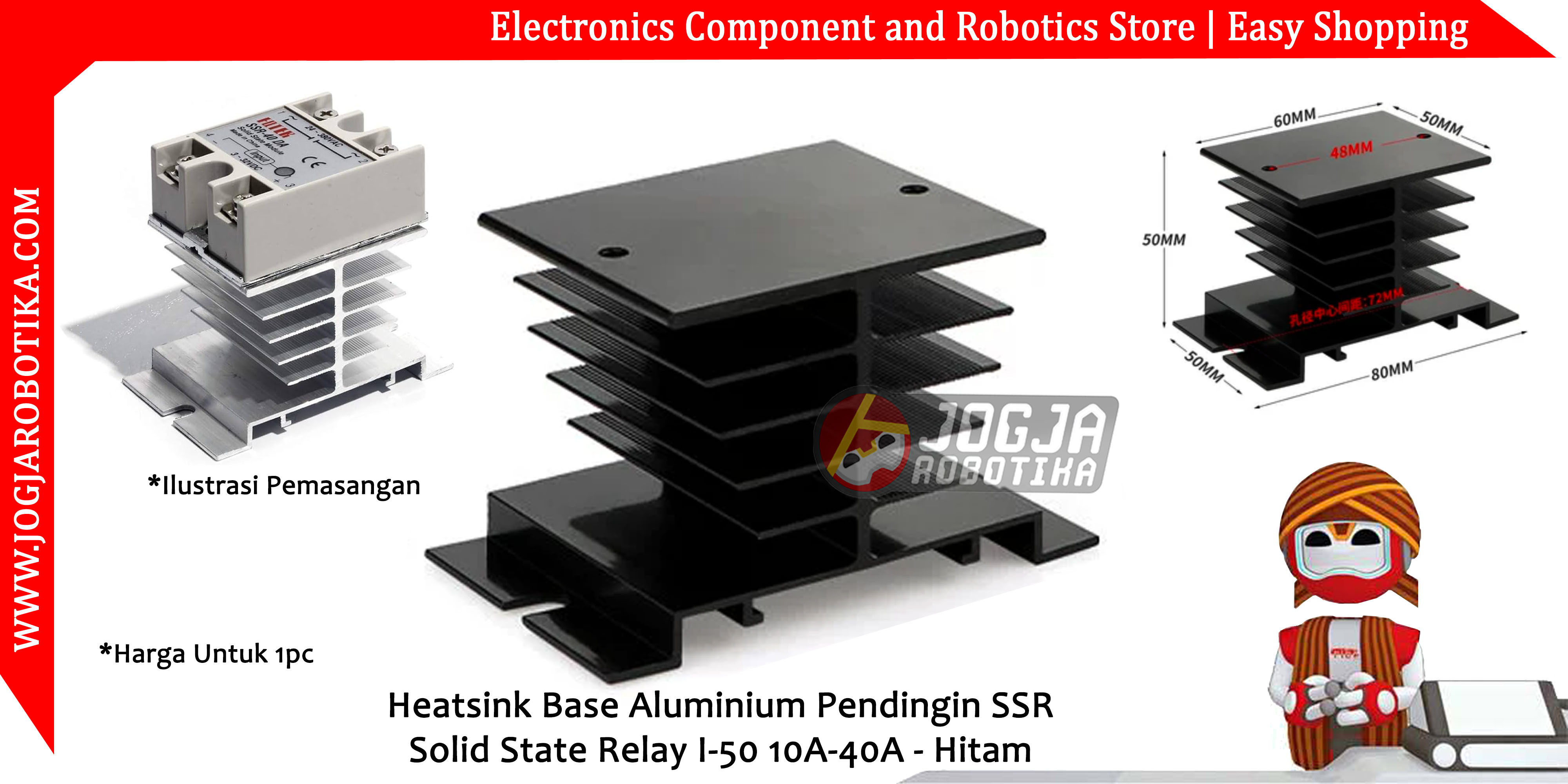Heatsink Base Aluminium Pendingin SSR Solid State Relay I-50 10A-40A - Hitam