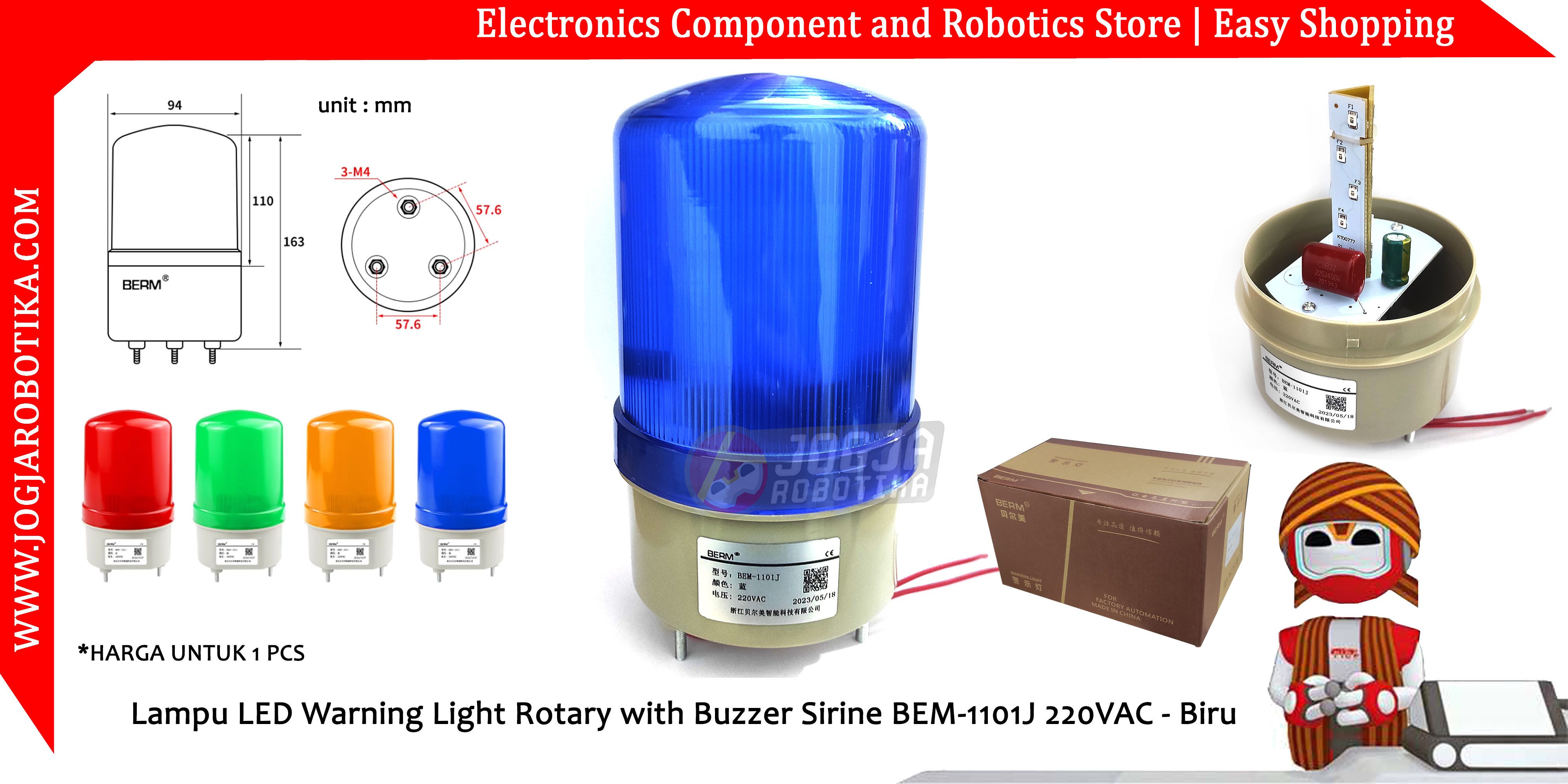 Lampu LED Warning Light Rotary with Buzzer Sirine BEM-1101J 220VAC - Biru