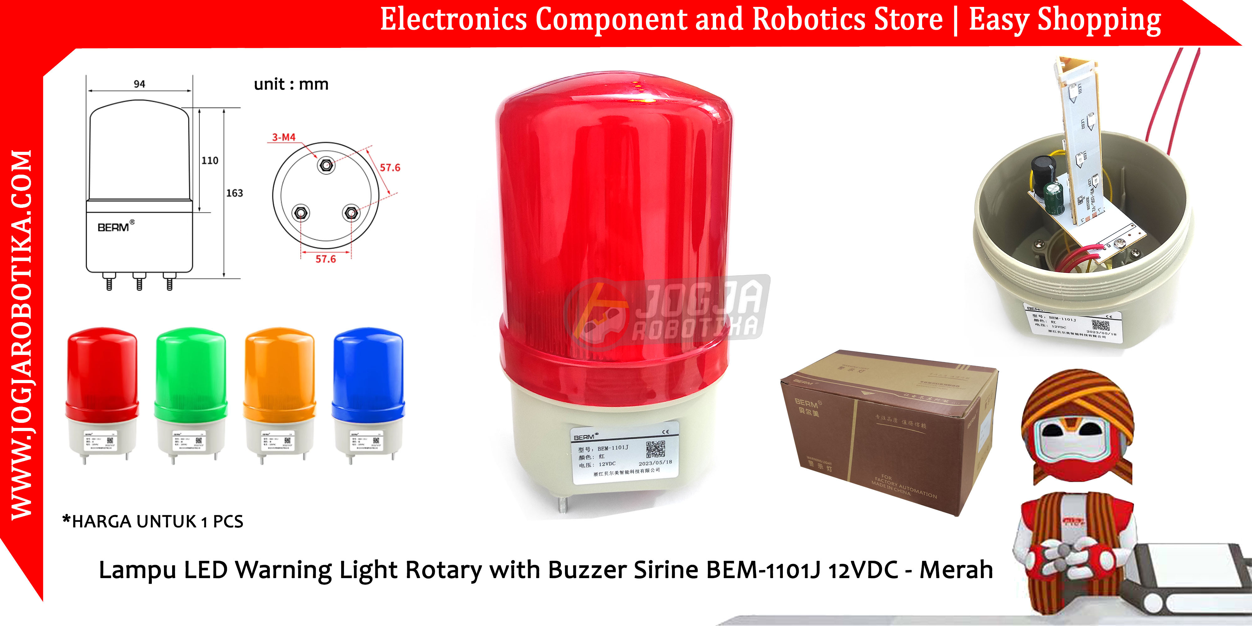 Lampu LED Warning Light Rotary with Buzzer Sirine BEM-1101J 12VDC - Merah