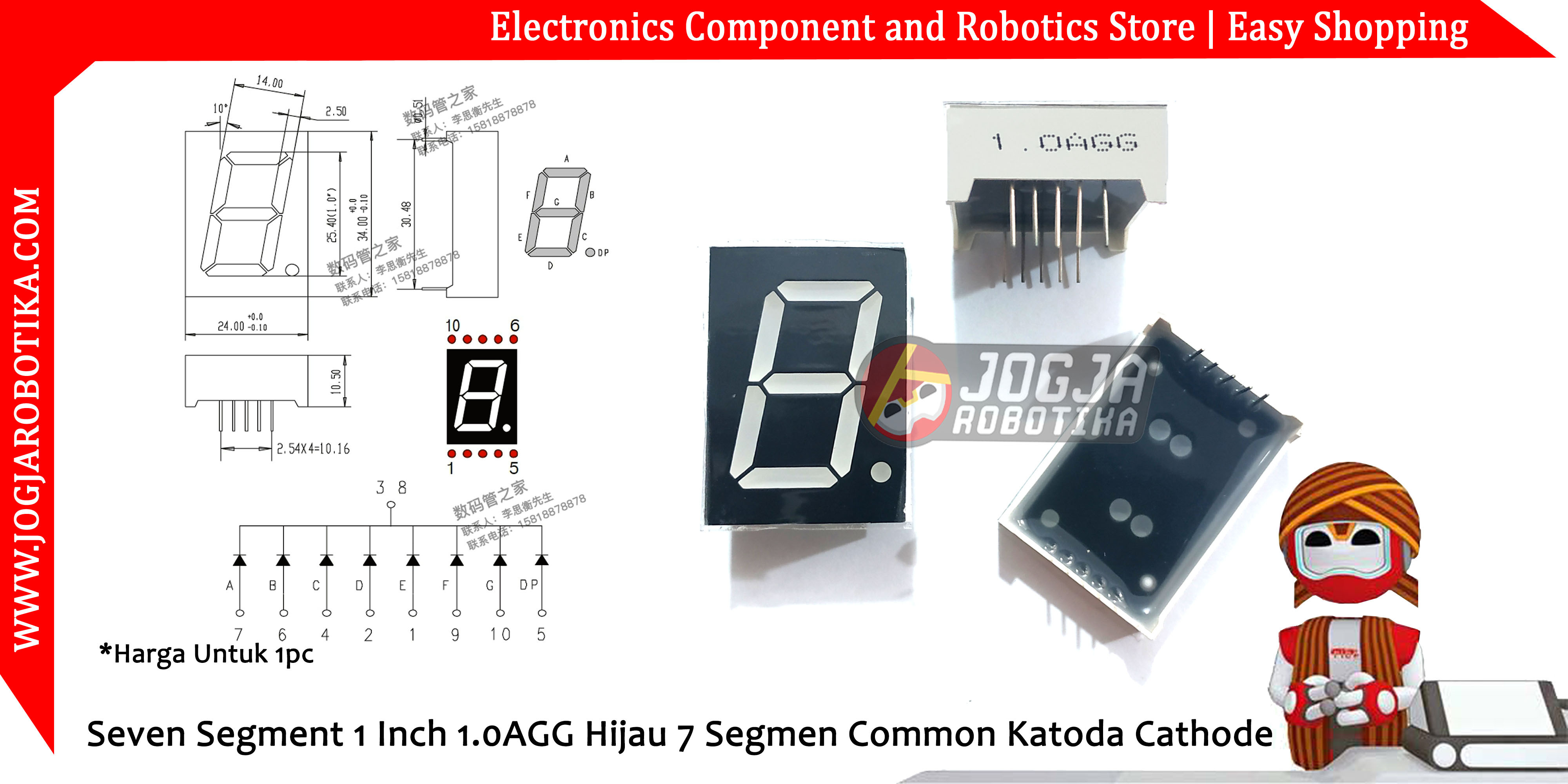 Seven Segment 1 Inch 1.0AGG Hijau 7 Segmen Common Katoda Cathode