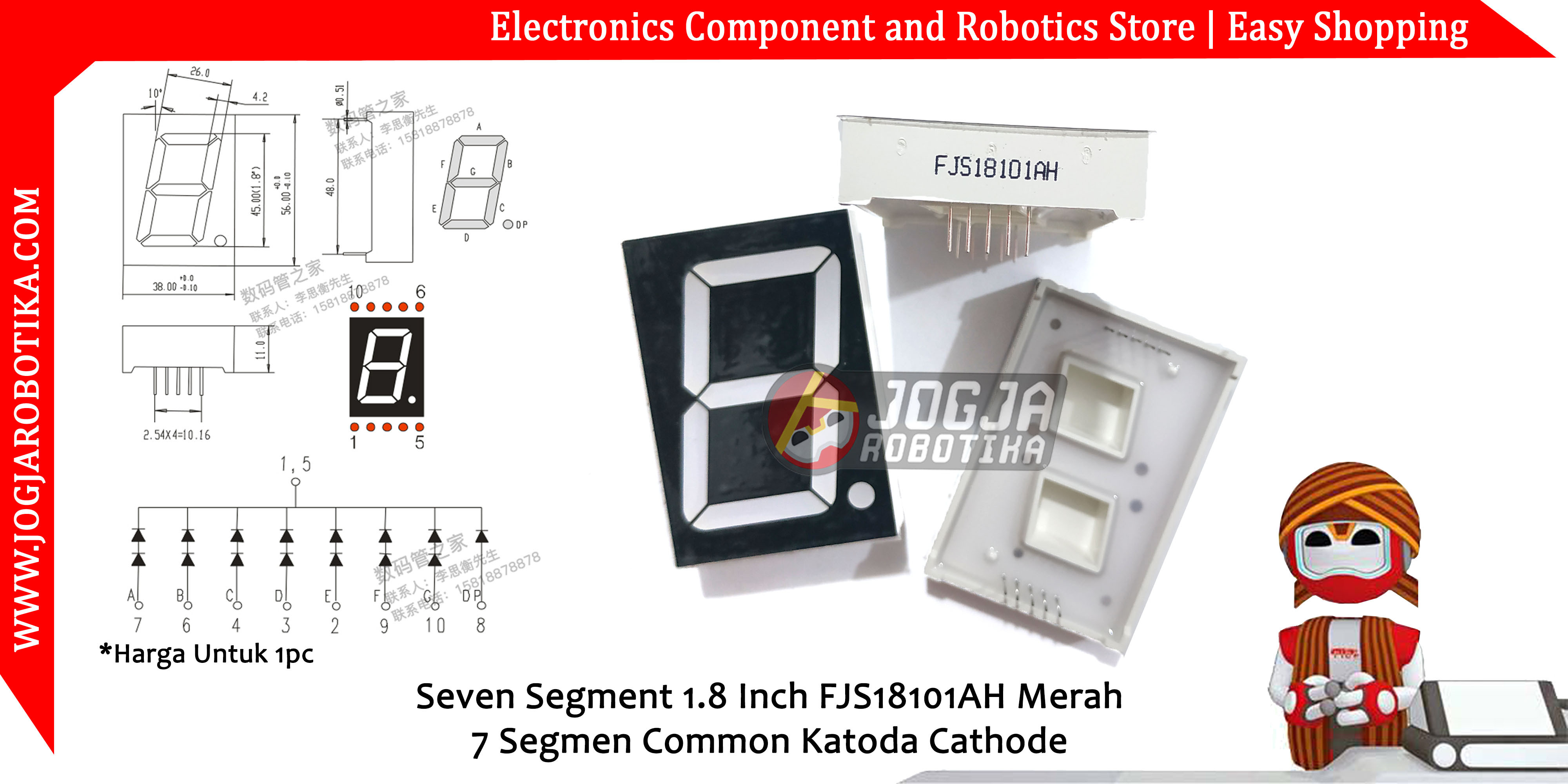 Seven Segment 1.8 Inch FJS18101AH FJS18101CH Merah 7 Segmen Common Katoda Cathode