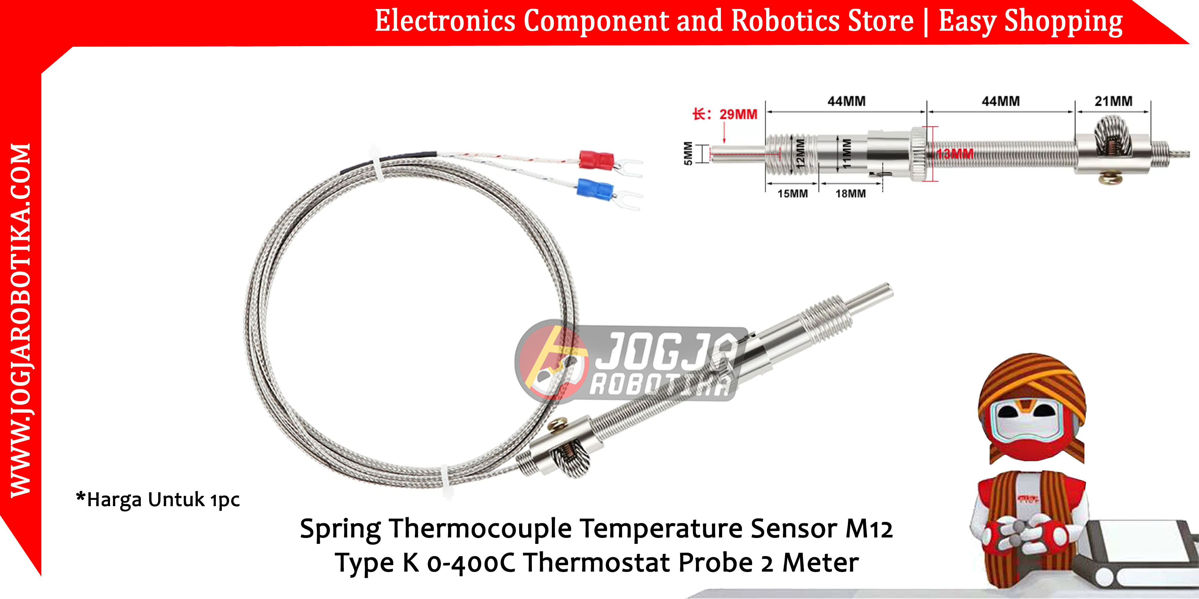 Compression Spring Thermocouple Temperature Sensor M12 Type K 0-400C Probe 2 Meter