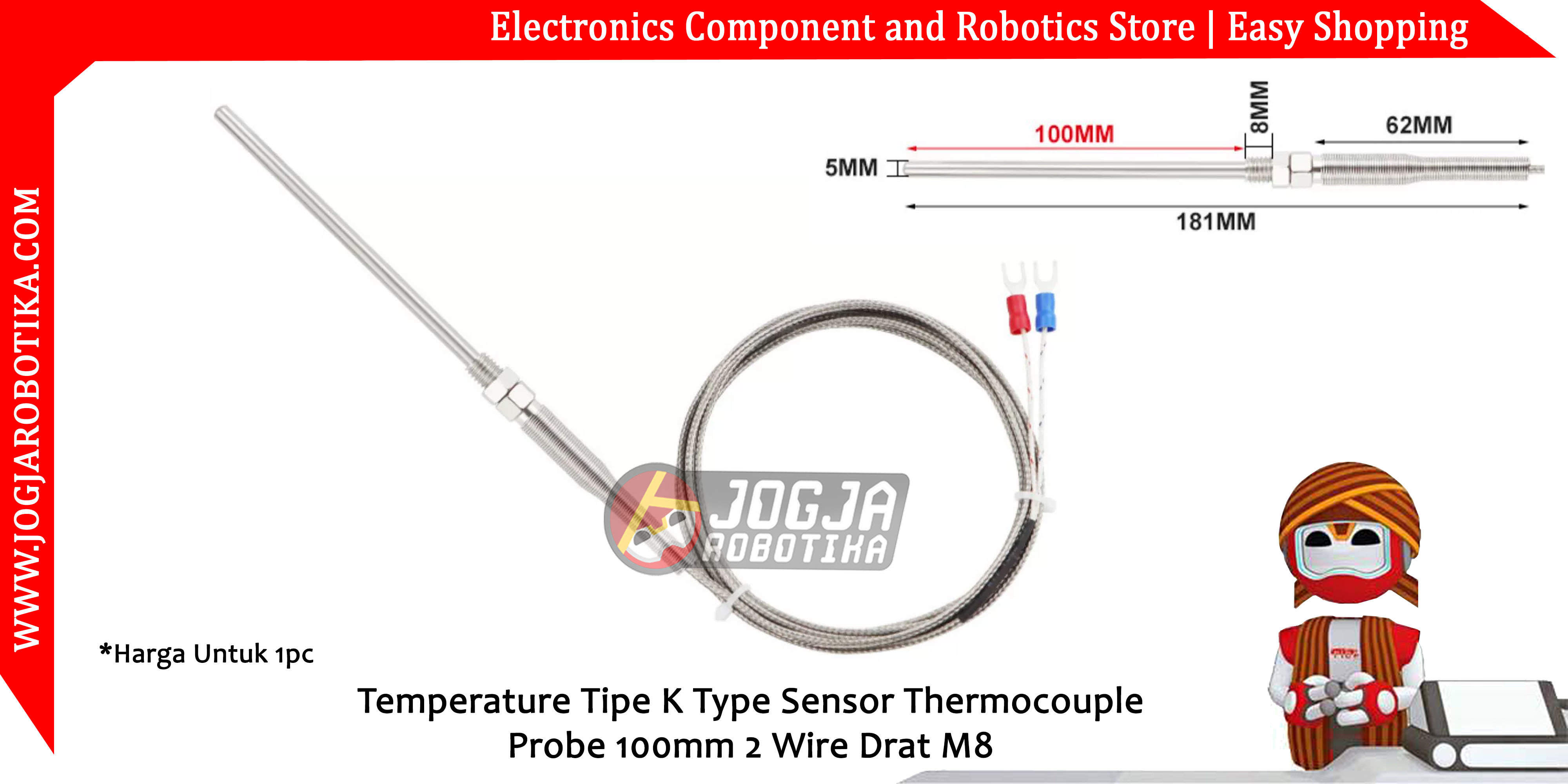 Temperature Tipe K Type Sensor Thermocouple Probe 100mm 2 Wire Drat M8 - 1 Meter