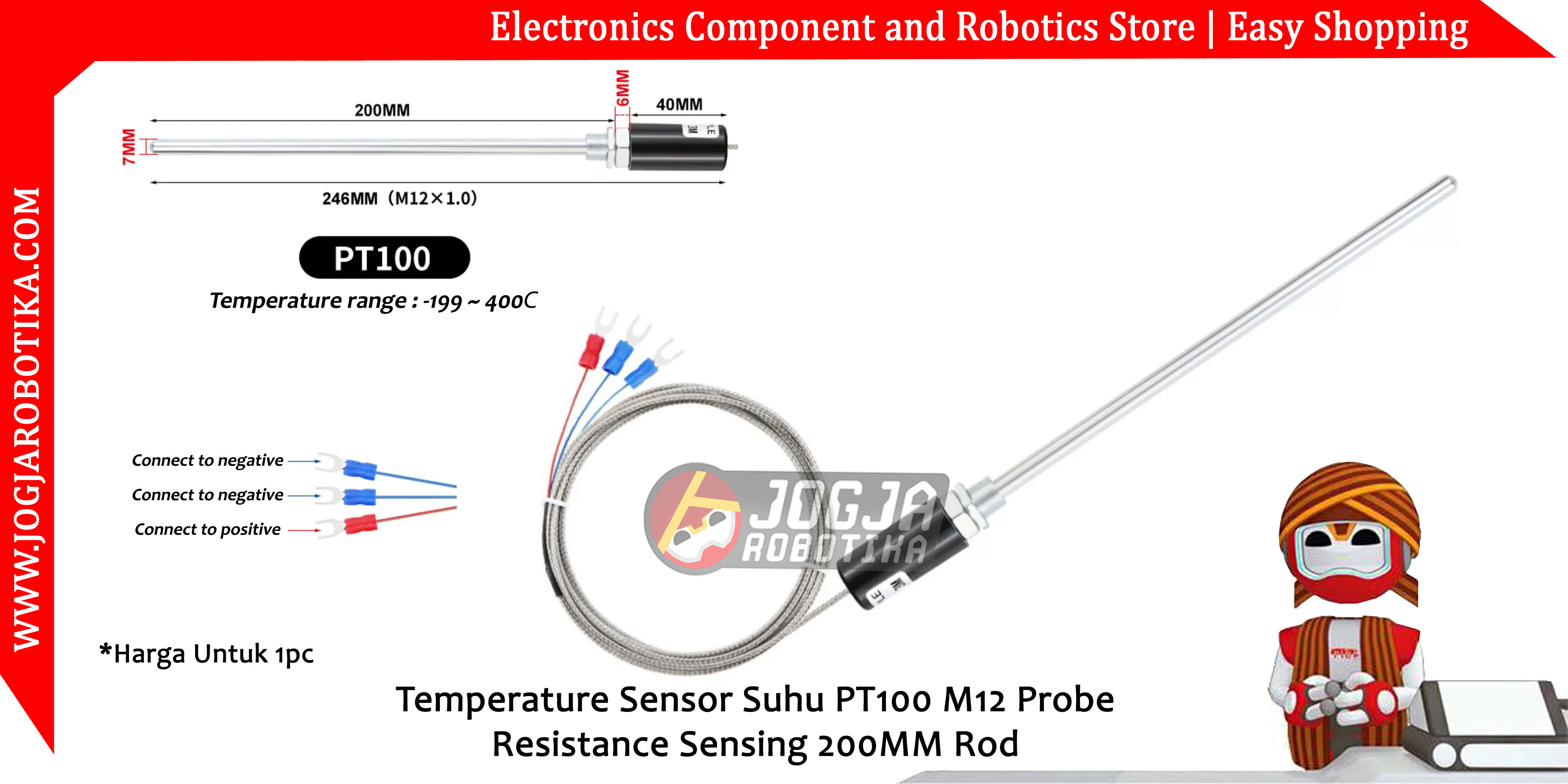 Temperature Sensor Suhu PT100 M12 Probe Resistance Sensing 200MM Rod - 2 Meter