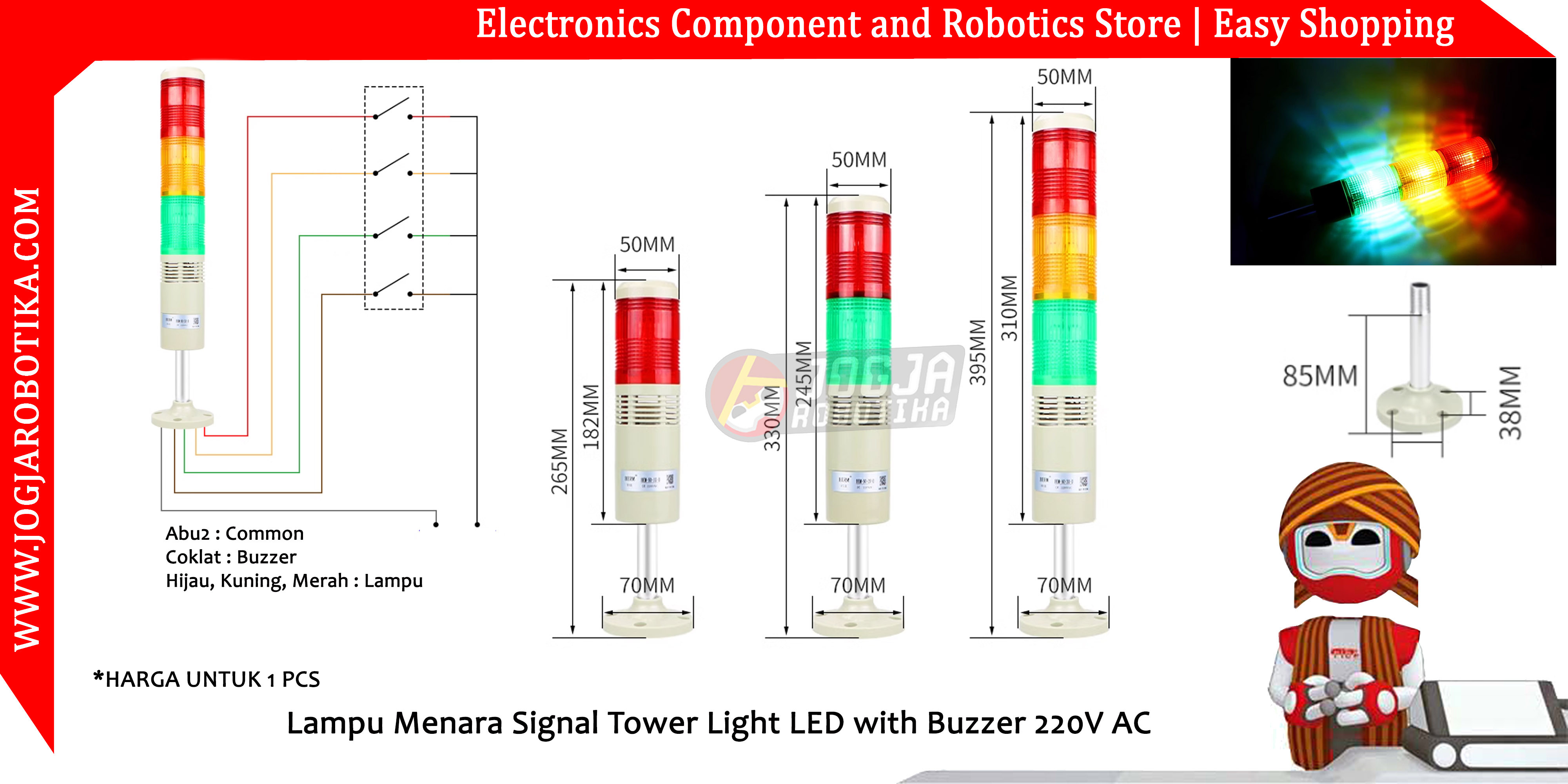 Lampu Menara Signal Tower Light LED with Buzzer 220V AC 2 Lampu