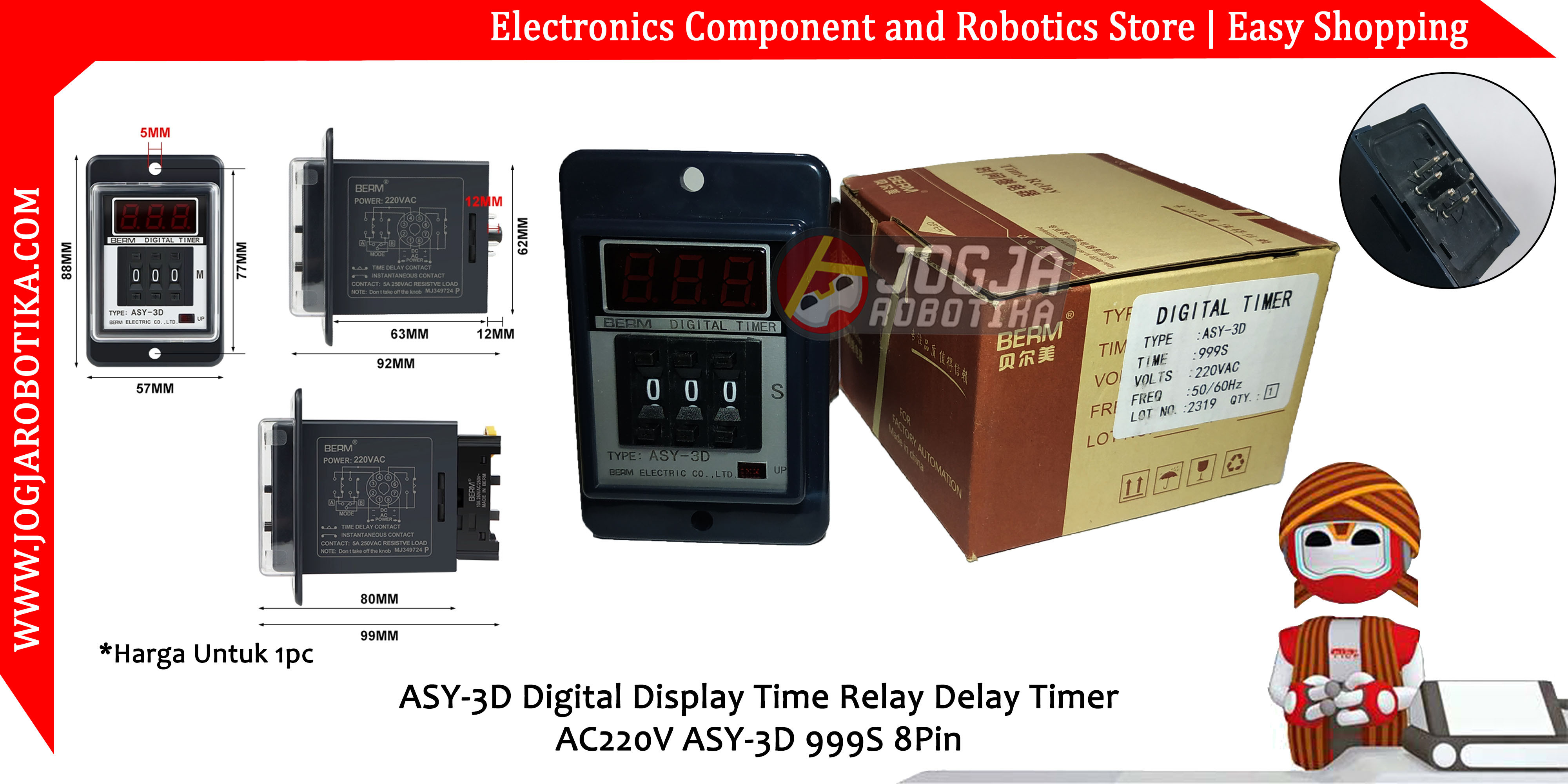 ASY-3D Digital Display Time Relay Delay Timer AC220V ASY-3D 999S 8Pin