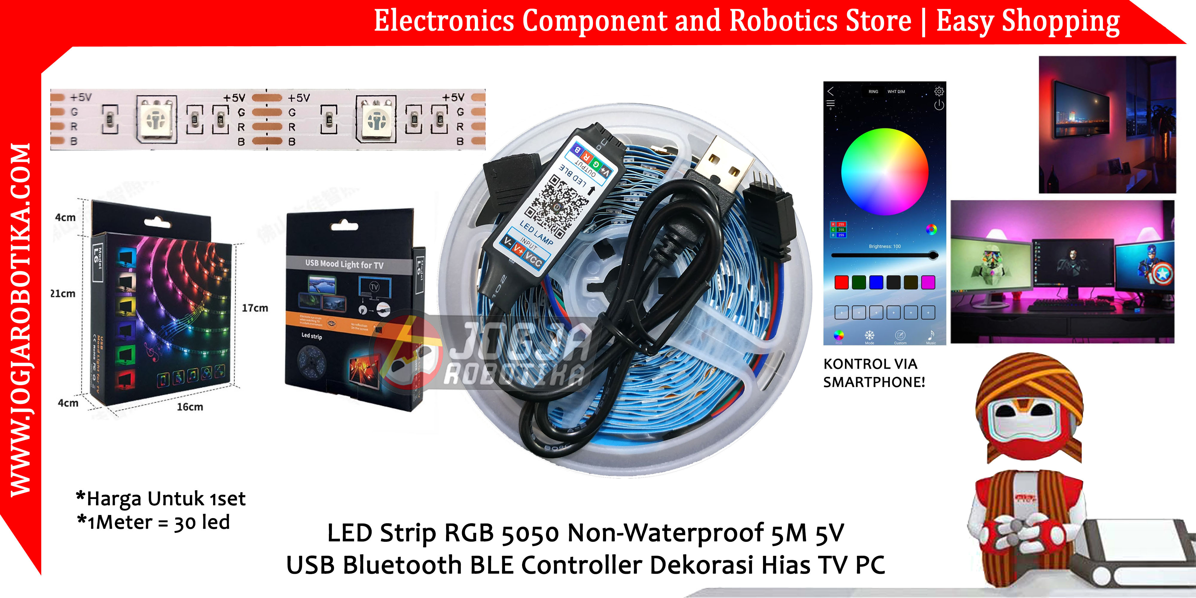 LED Strip RGB 5050 Non-Waterproof 5M 5V USB Bluetooth BLE Controller Dekorasi Hias TV PC