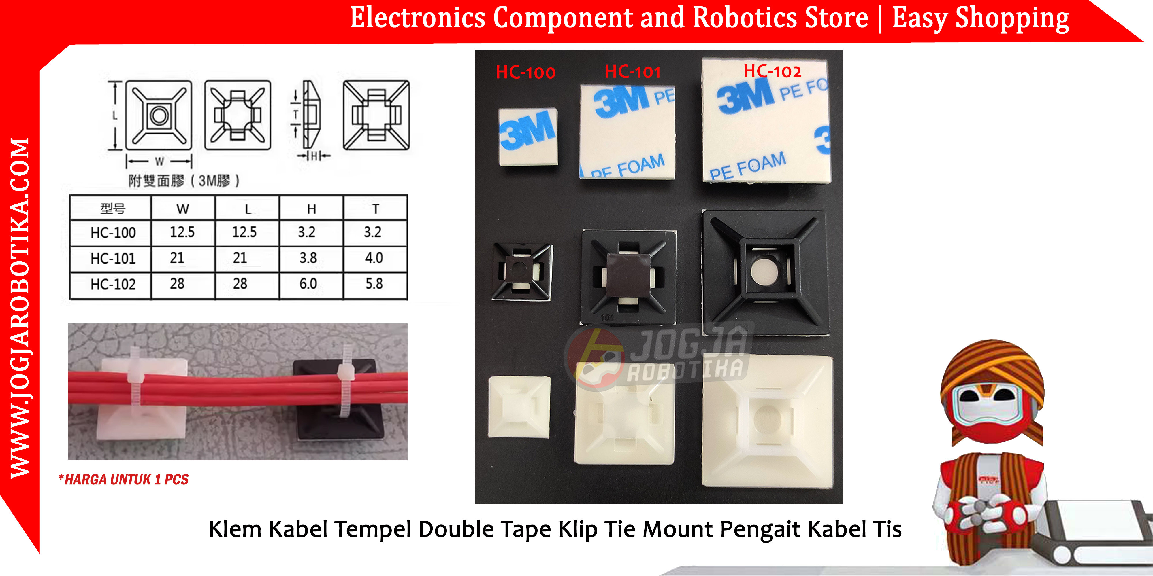 Klem Kabel Tempel Double Tape Klip Tie Mount Pengait Kabel Tis HC-100 Putih