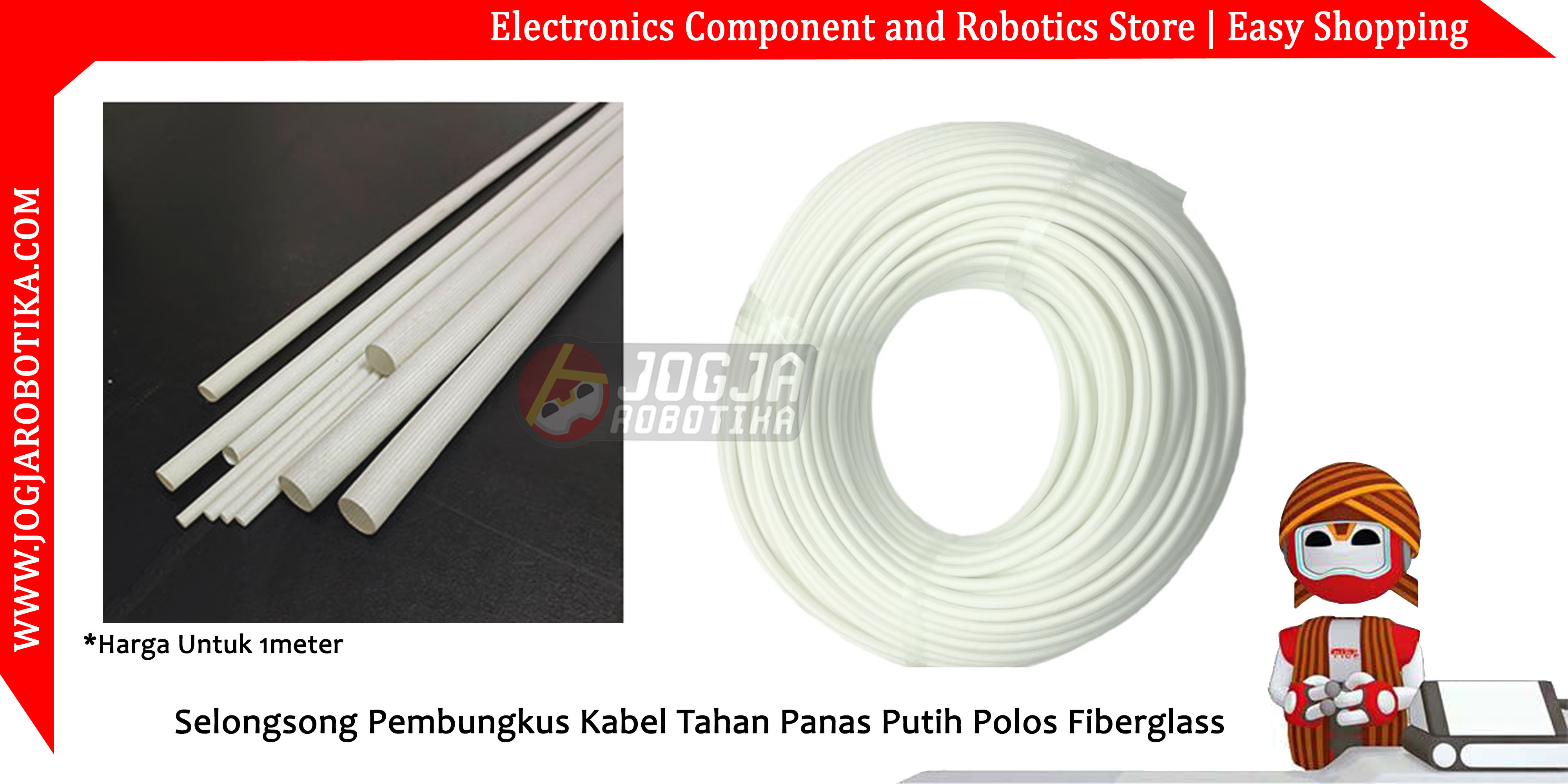 Selongsong Pembungkus Kabel Tahan Panas Putih Polos Fiberglass Sleeve - 6mm