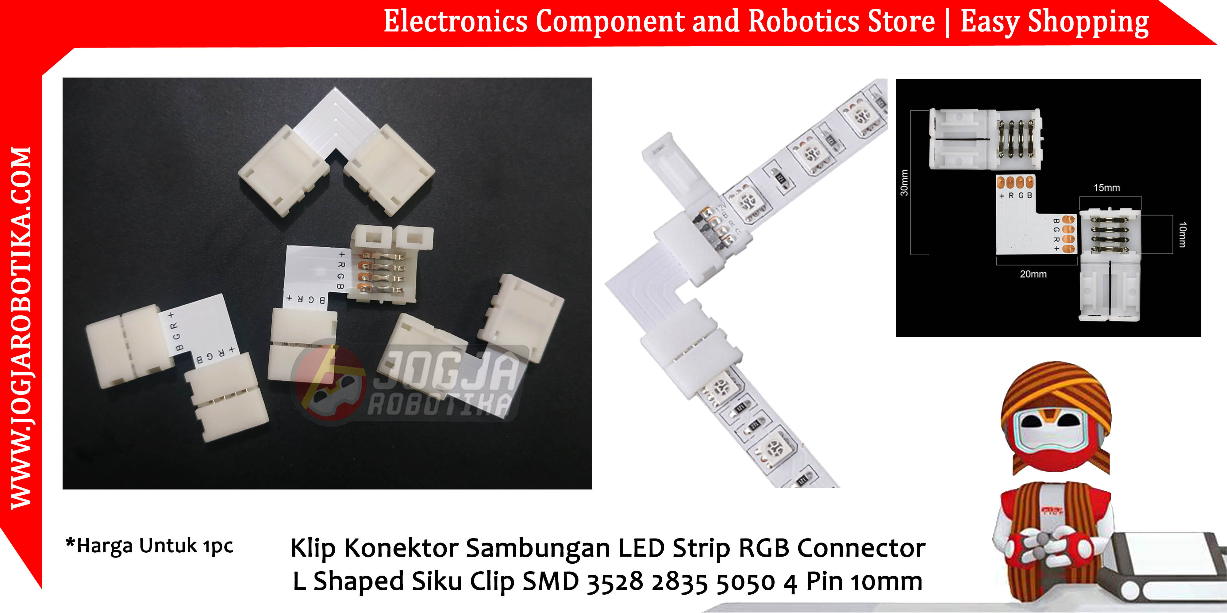 Klip Konektor Sambungan LED Strip RGB Connector L Shaped Siku Clip SMD 3528 2835 5050 4 Pin 10mm