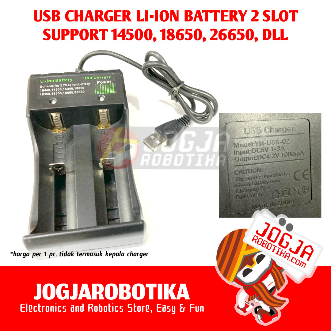 Li-ion Charger 2 Slot Universal USB Charger Support Ukuran 10440 14500 16340 16650 18350 18500 18650 26650