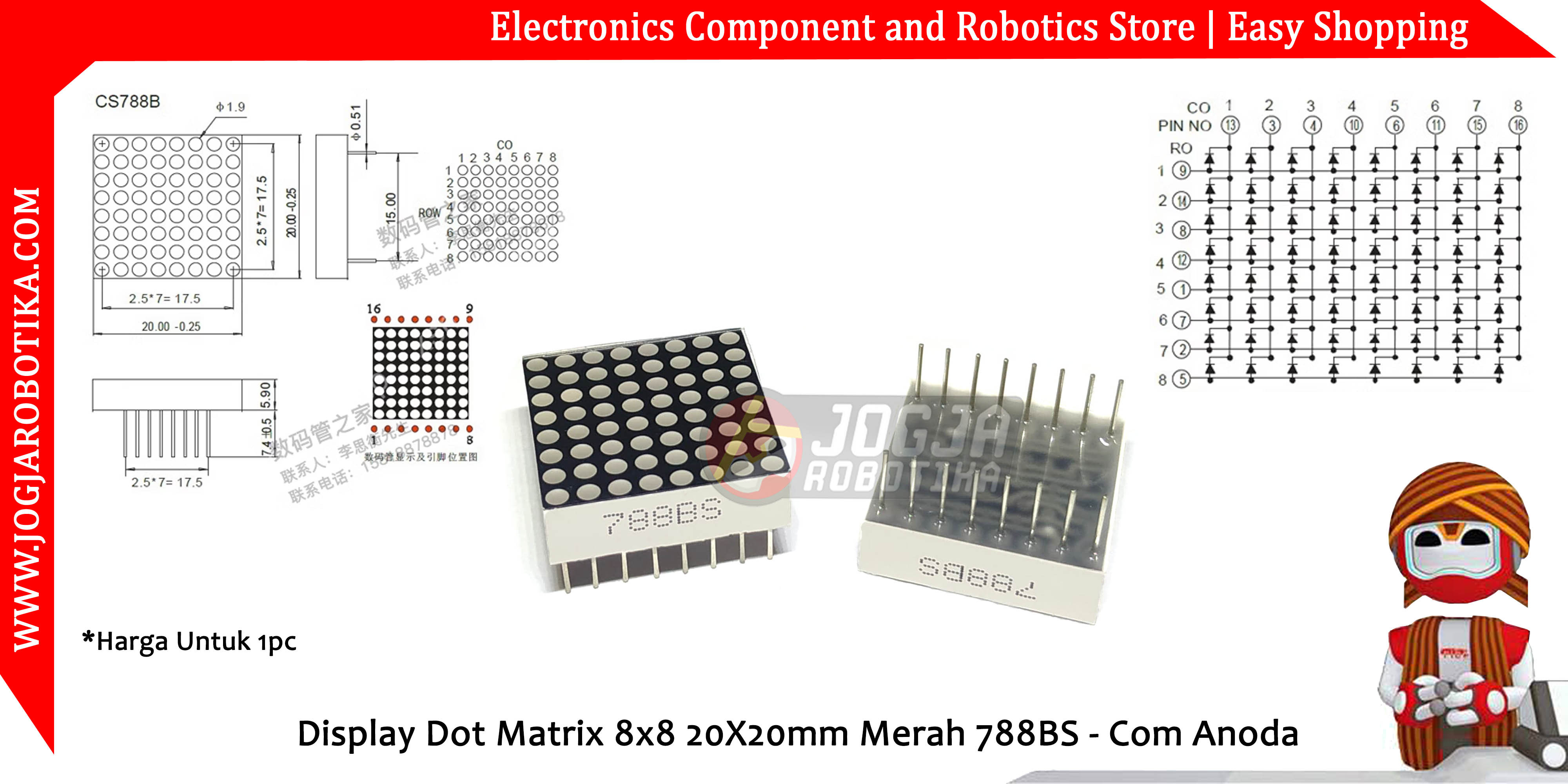 Display Dot Matrix 8x8 20X20mm Merah 788BS - Com Anoda