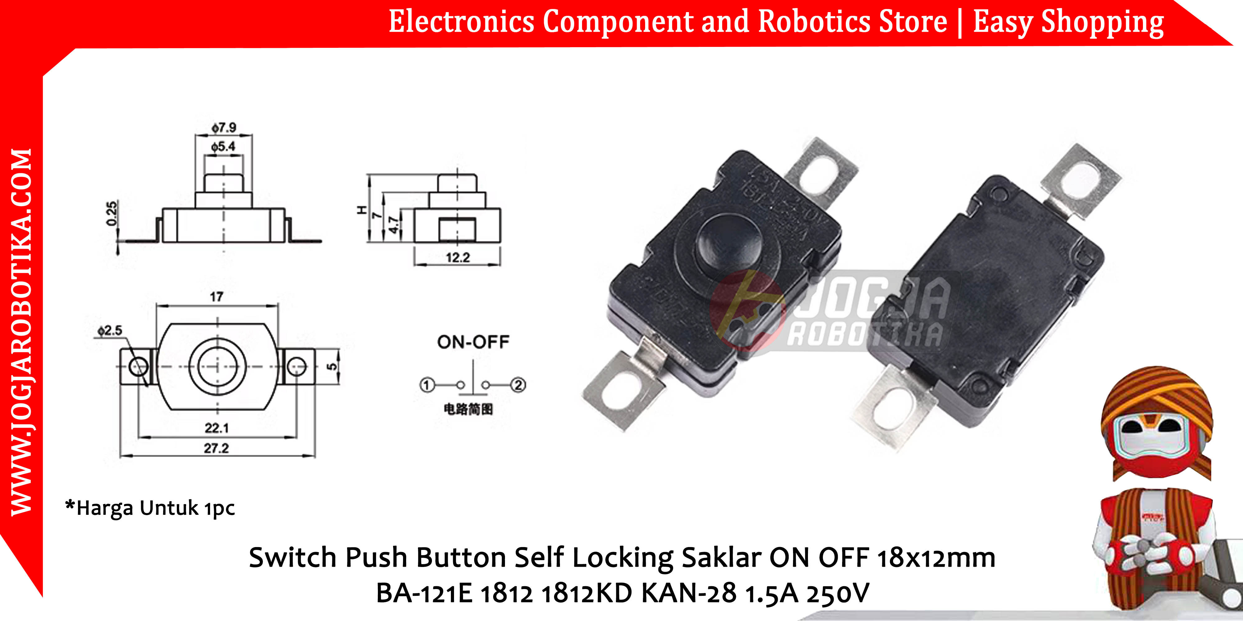 Flashlight Switch Push Button Self Locking Saklar ON OFF 18x12mm BA-121E 1812 1812KD KAN-28 1.5A 250V
