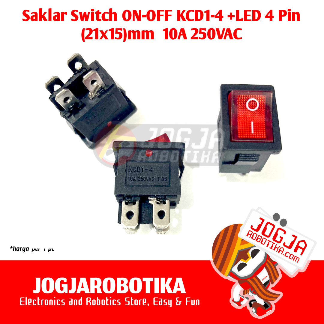 Saklar ON-OFF AC KCD1-4 Rocker Switch (21x15)mm with LED 10A 250VAC - Merah
