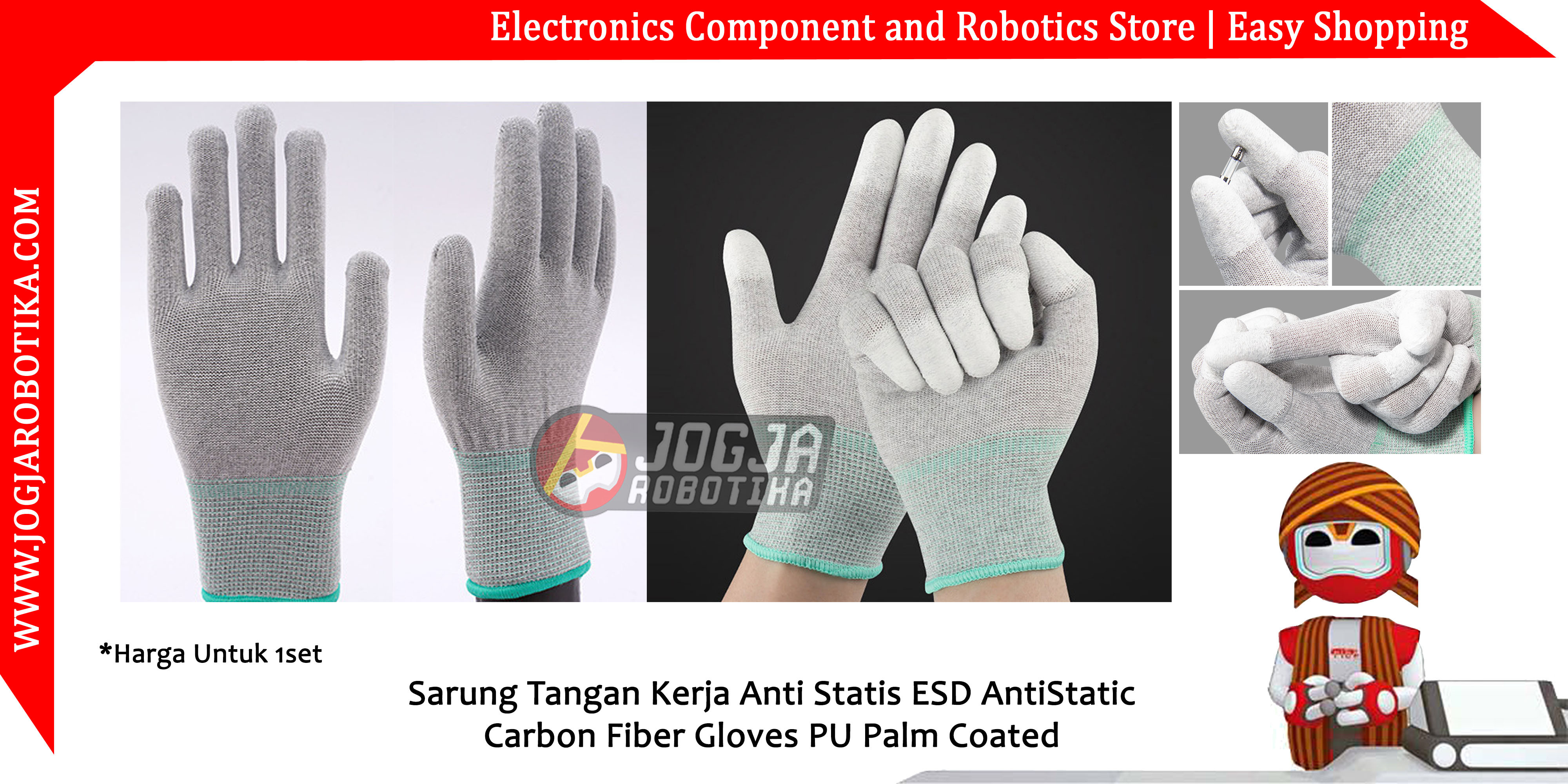 Sarung Tangan Kerja Anti Statis ESD AntiStatic Carbon Fiber Gloves PU Palm Coated Size L