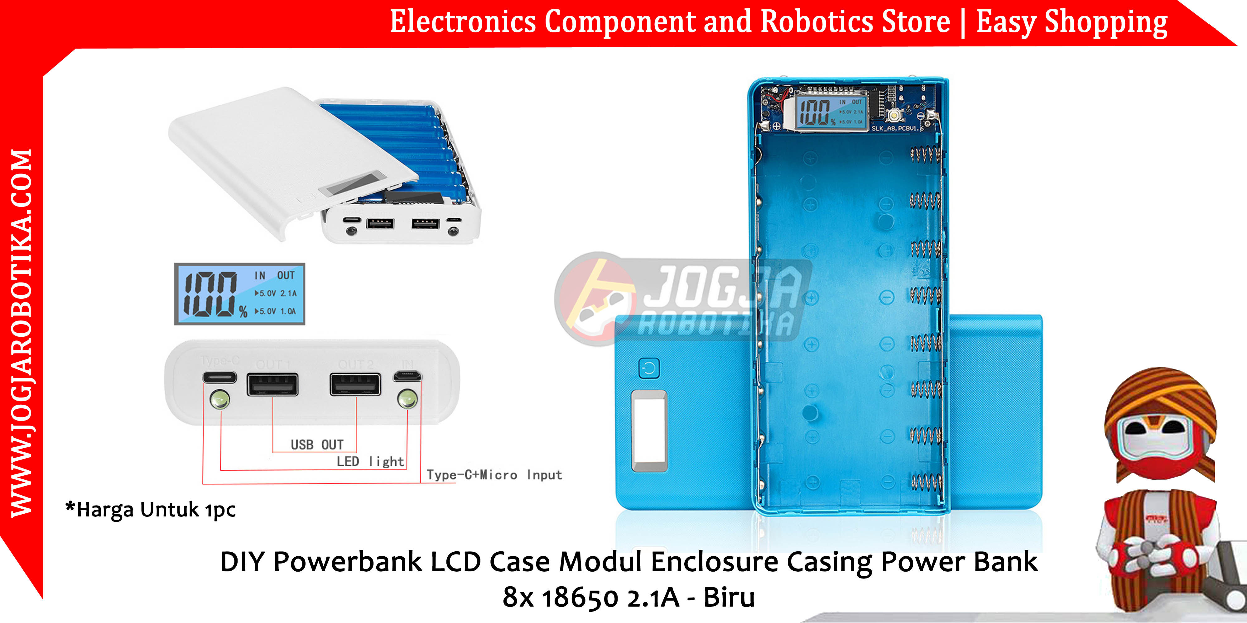 DIY Powerbank LCD Case Modul Enclosure Casing Power Bank 8x 18650 2.1A - Biru
