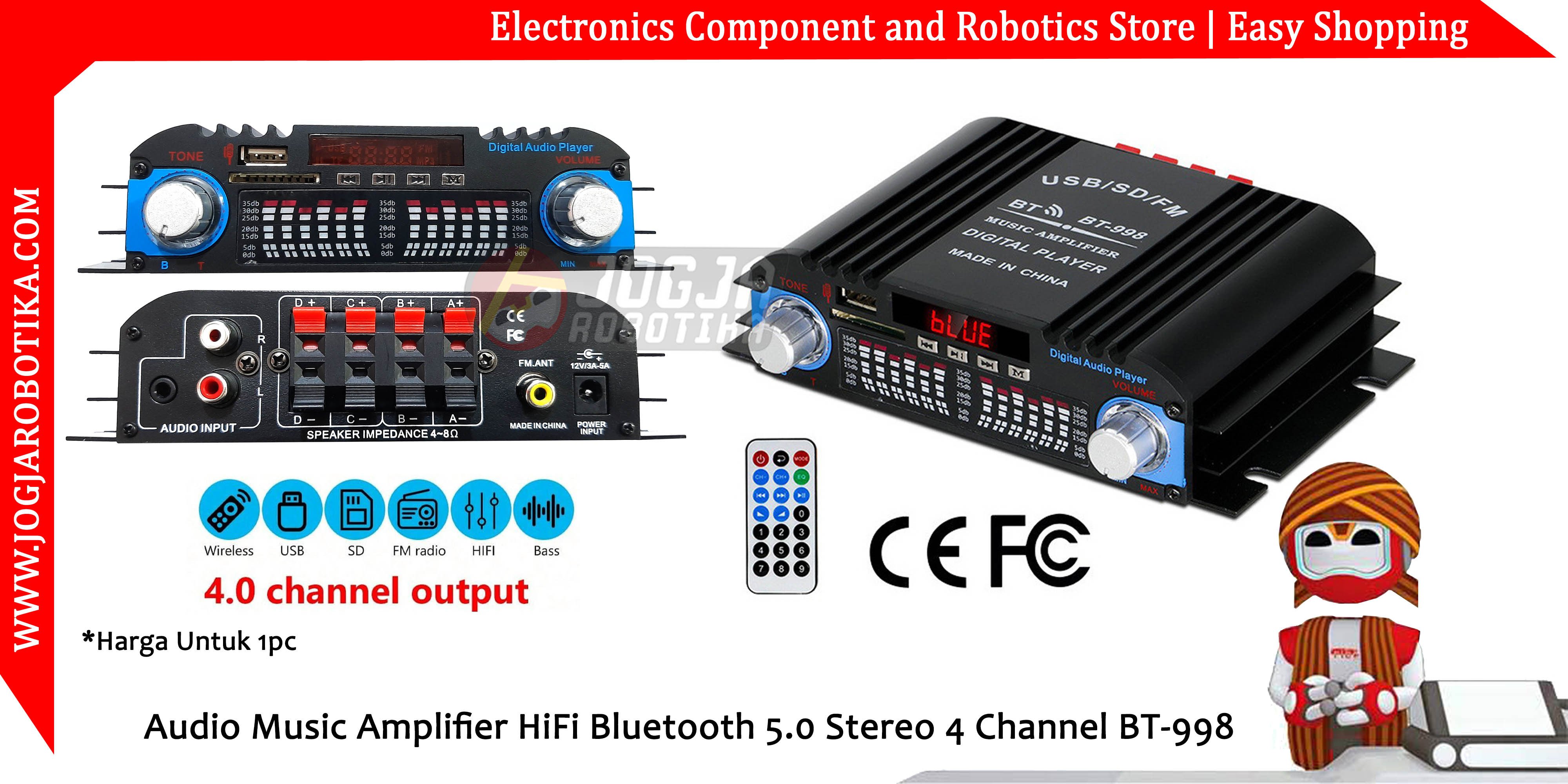 Audio Music Amplifier HiFi Bluetooth 5.0 Stereo 4 Channel BT-998