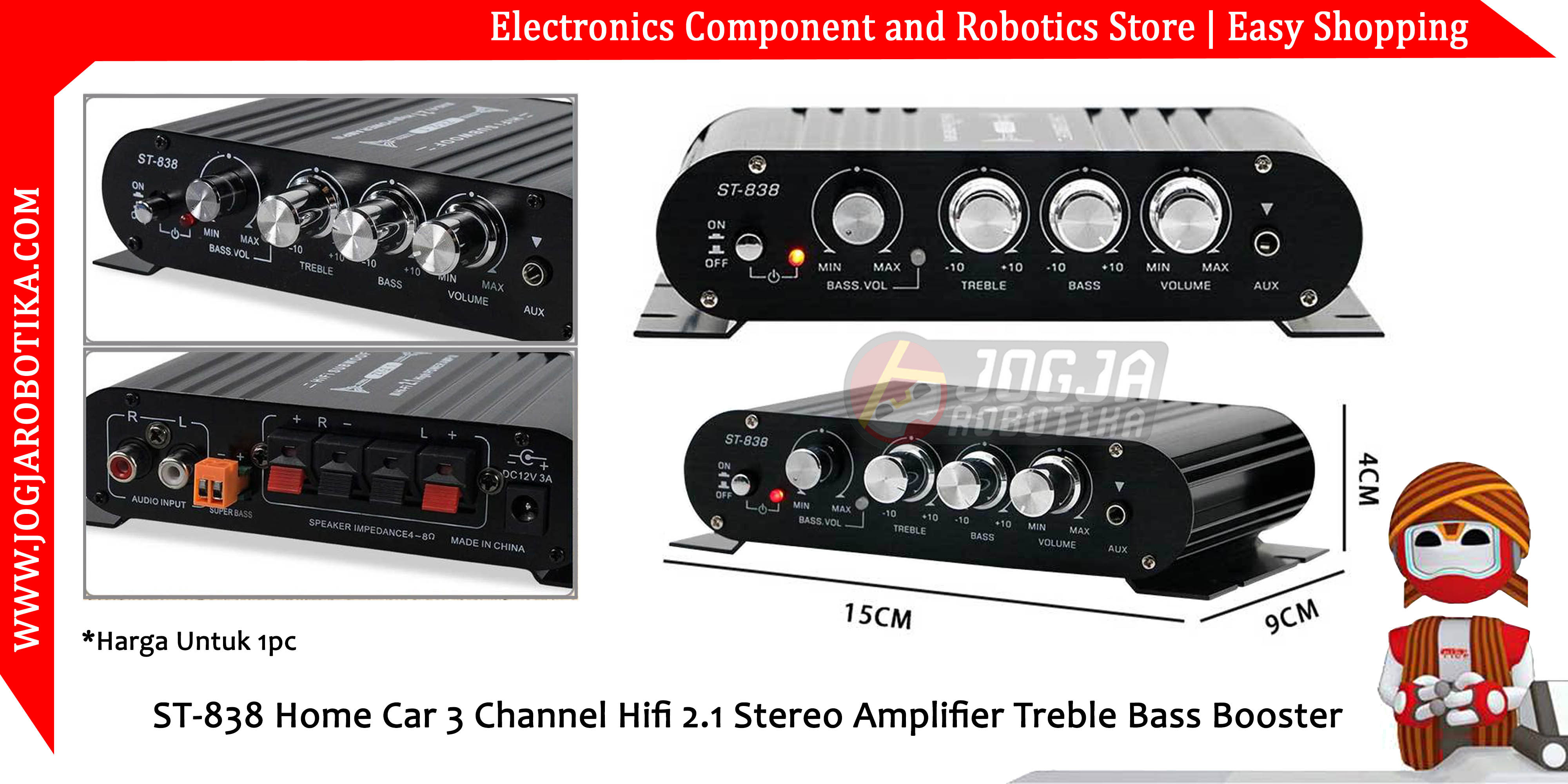 ST-838 Home Car 3 Channel Hifi 2.1 Stereo Amplifier Treble Bass Booster