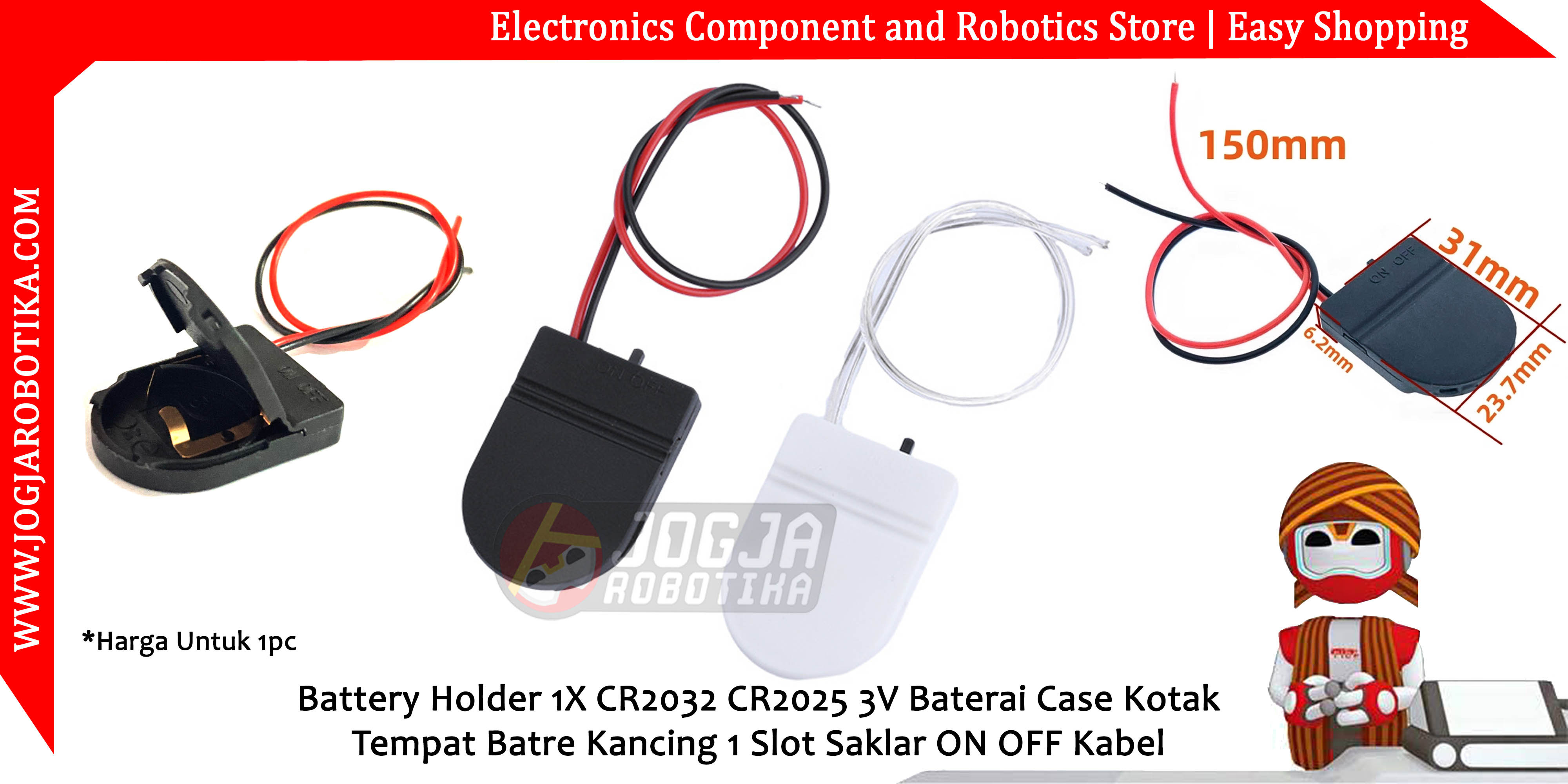 Battery Holder 1X CR2032 CR2025 3V Baterai Case Kotak Tempat Batre Kancing 1 Slot Saklar ON OFF Kabel - Hitam