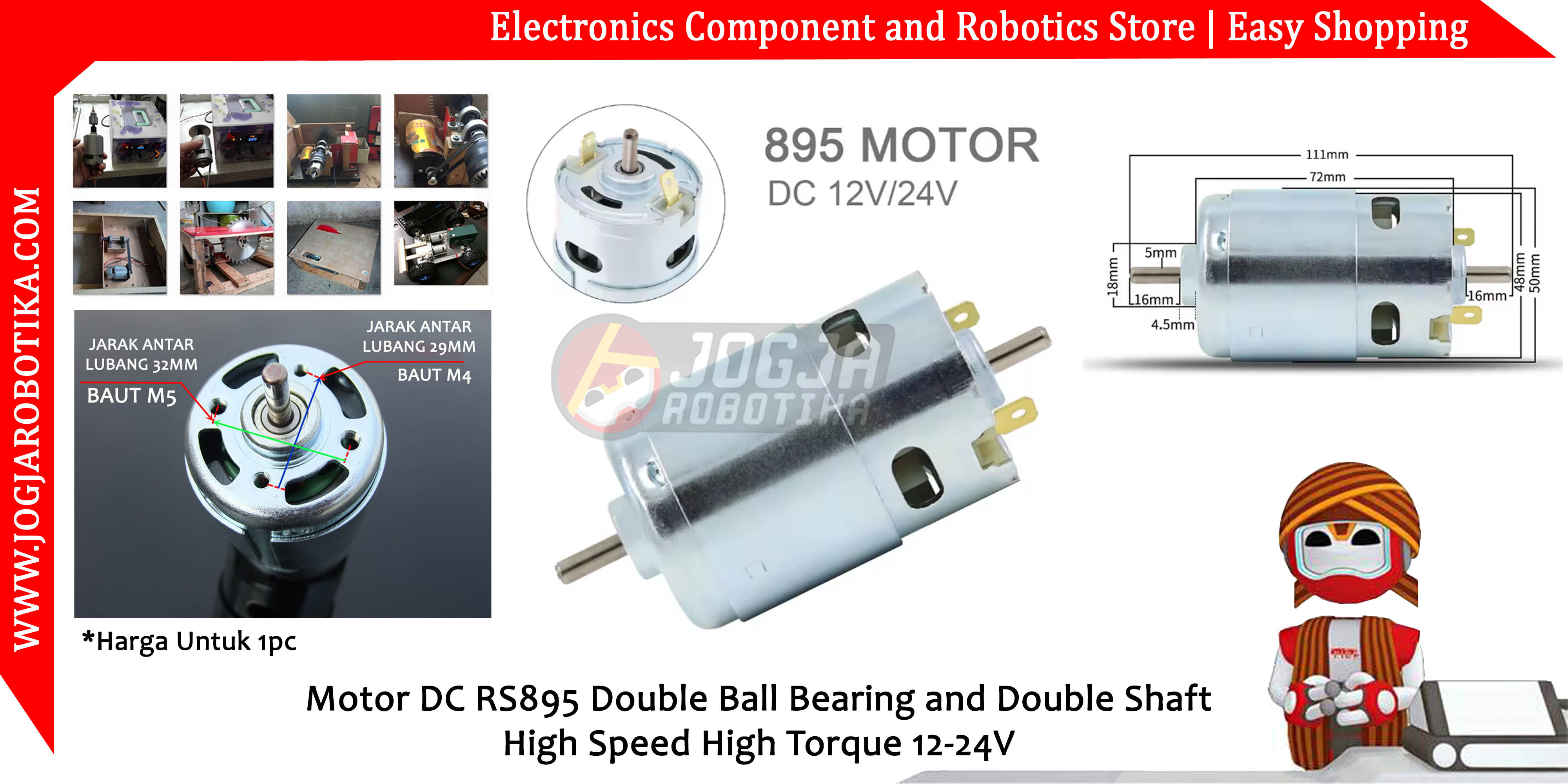 Motor DC RS895 Double Ball Bearing and Double Shaft High Speed High Torque 12-24V