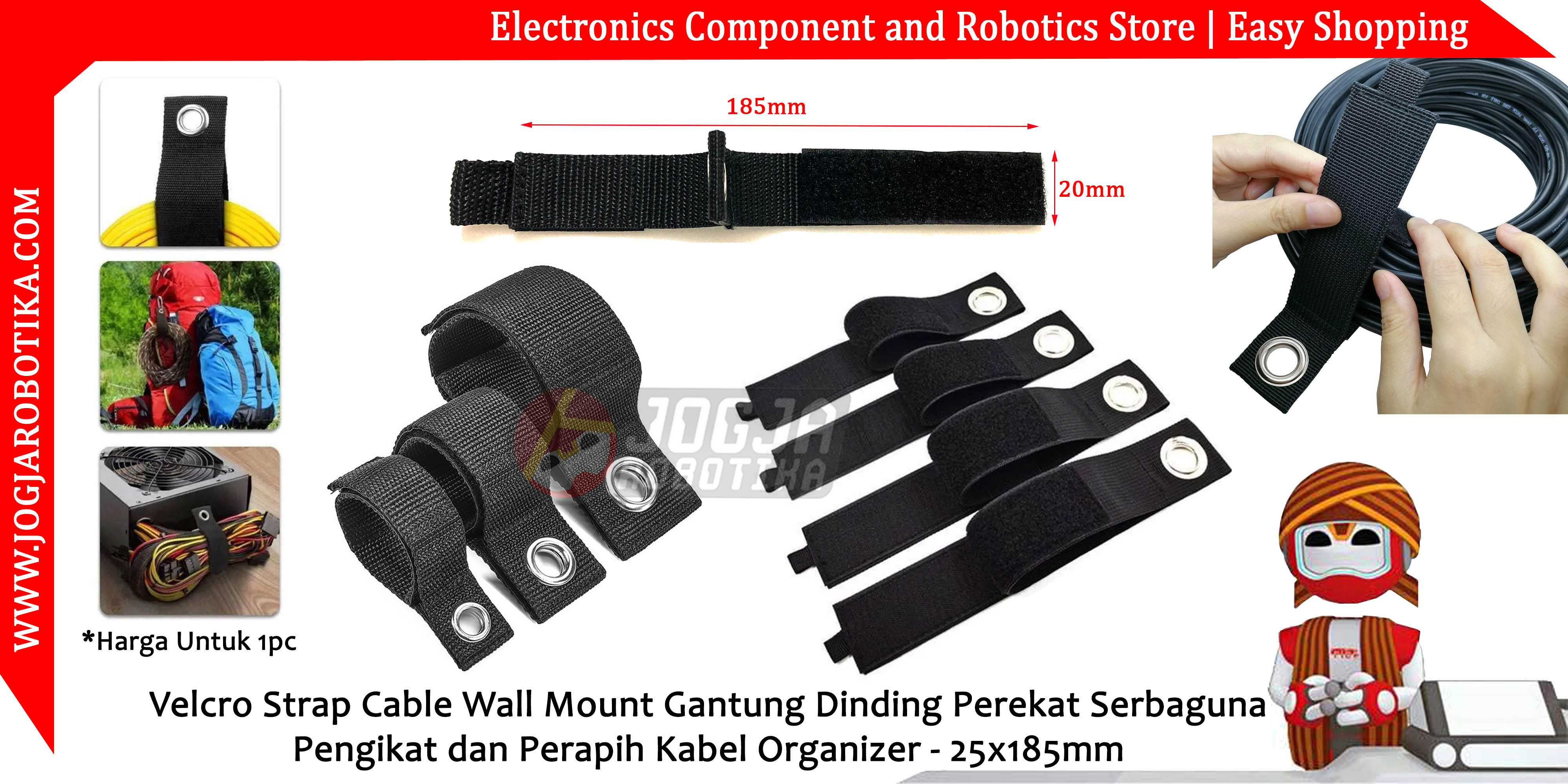 Velcro Strap Cable Wall Mount Gantung Dinding Perekat Serbaguna Pengikat dan Perapih Kabel Organizer - 25x185mm