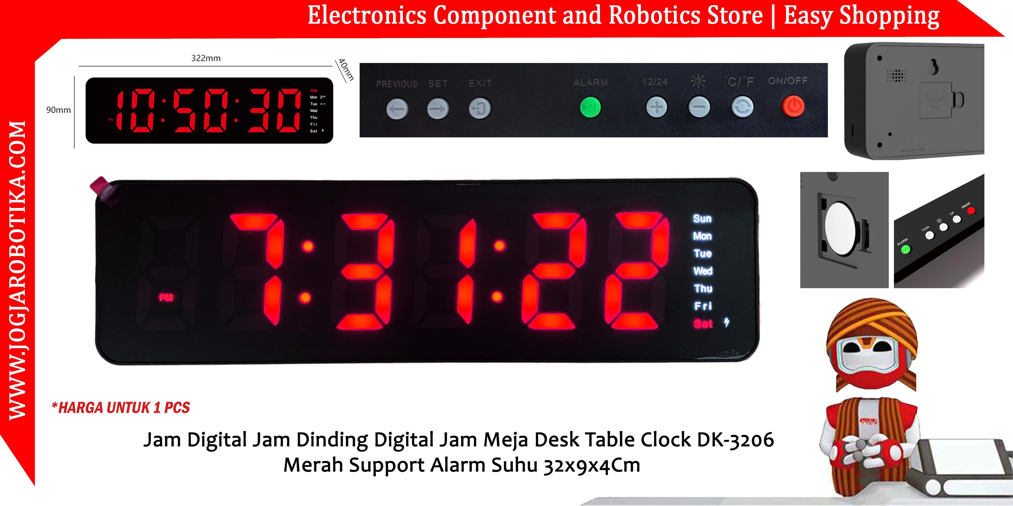 Jam Digital Jam Dinding Digital Jam Meja Desk Table Clock DK-3206 Merah Support Alarm Suhu 32x9x4 Cm
