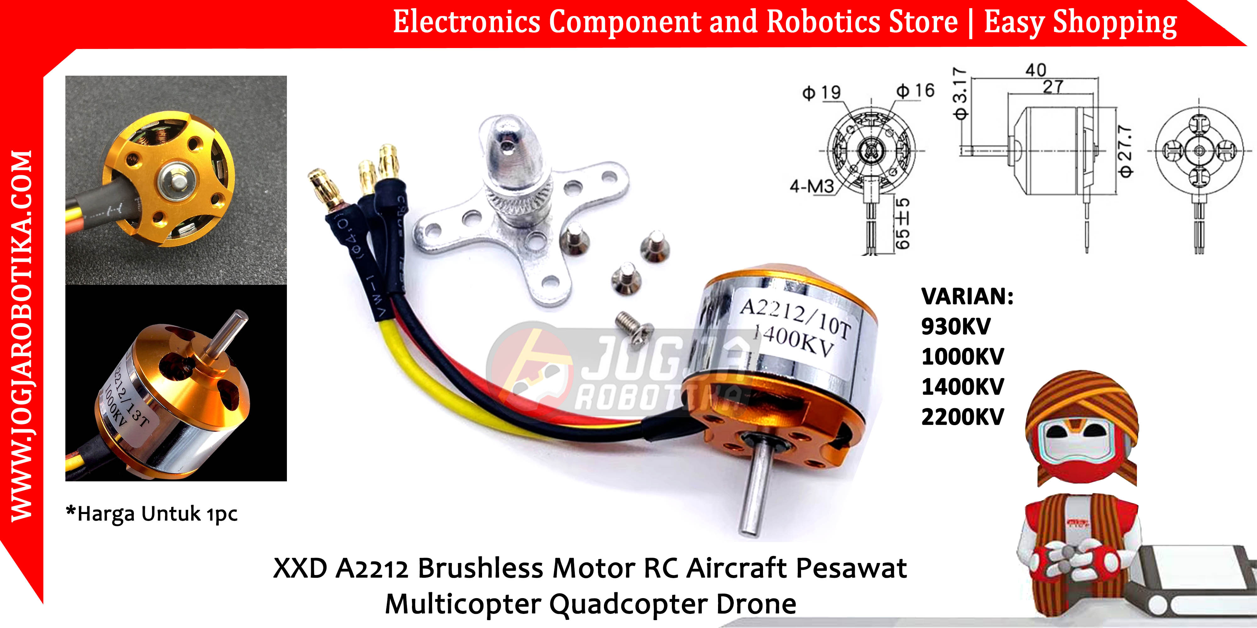 XXD A2212 Brushless Motor 1400KV RC Aircraft Pesawat Multicopter Quadcopter Drone