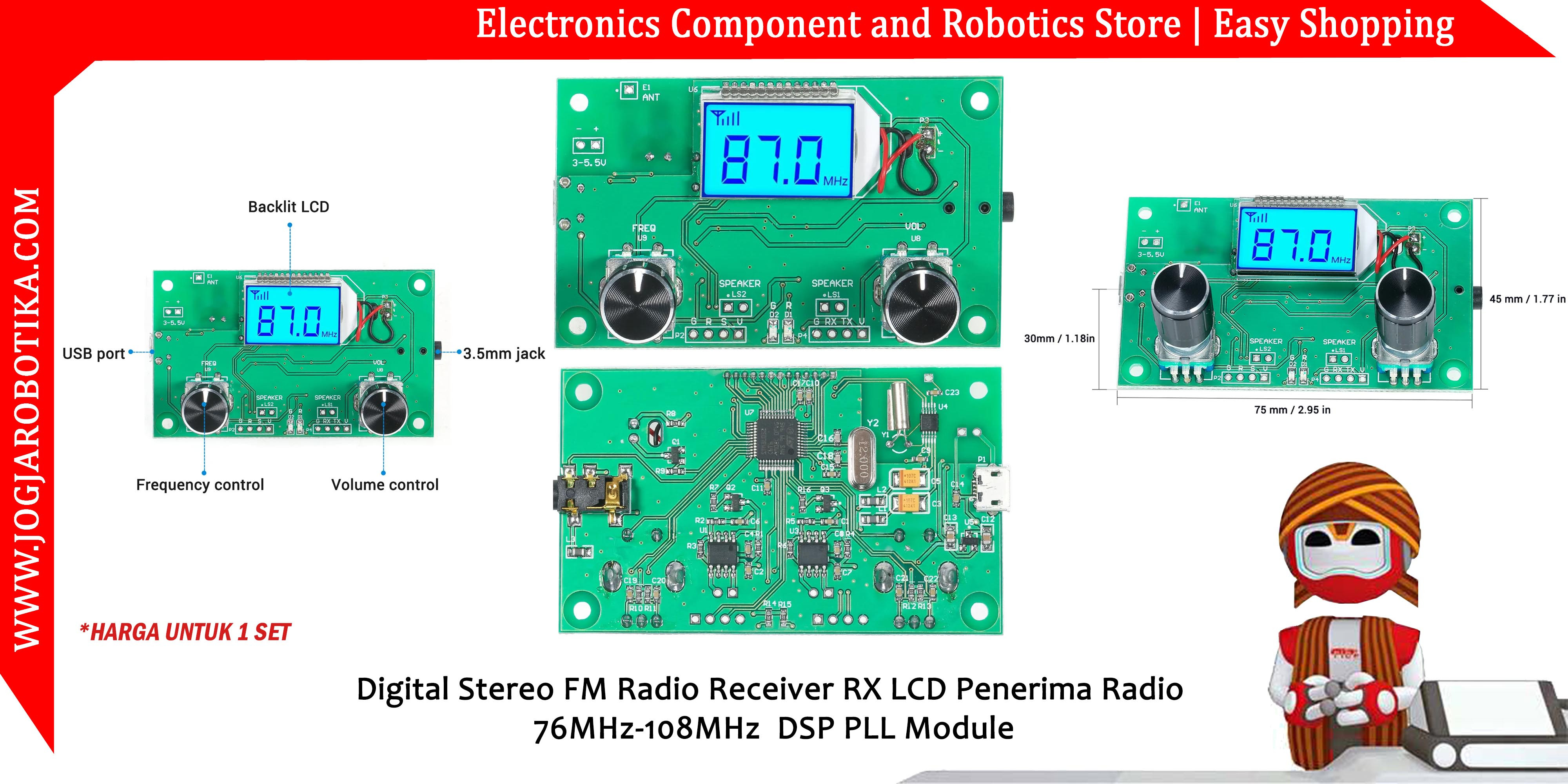 Digital Stereo FM Radio Receiver RX LCD Penerima Radio 76MHz-108MHz  DSP PLL Module