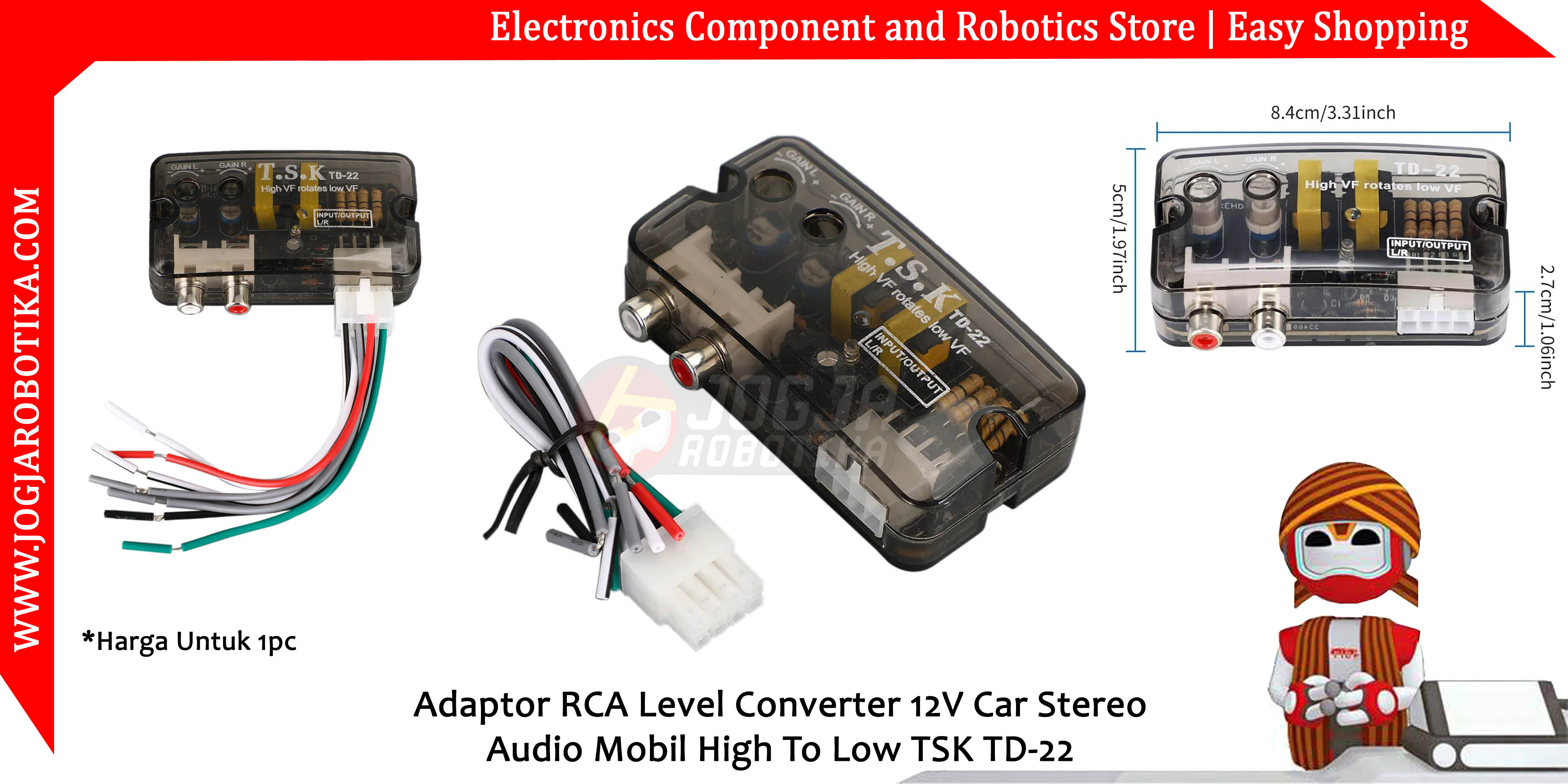 Adaptor RCA Level Converter 12V Car Stereo Audio Mobil High To Low TSK TD-22