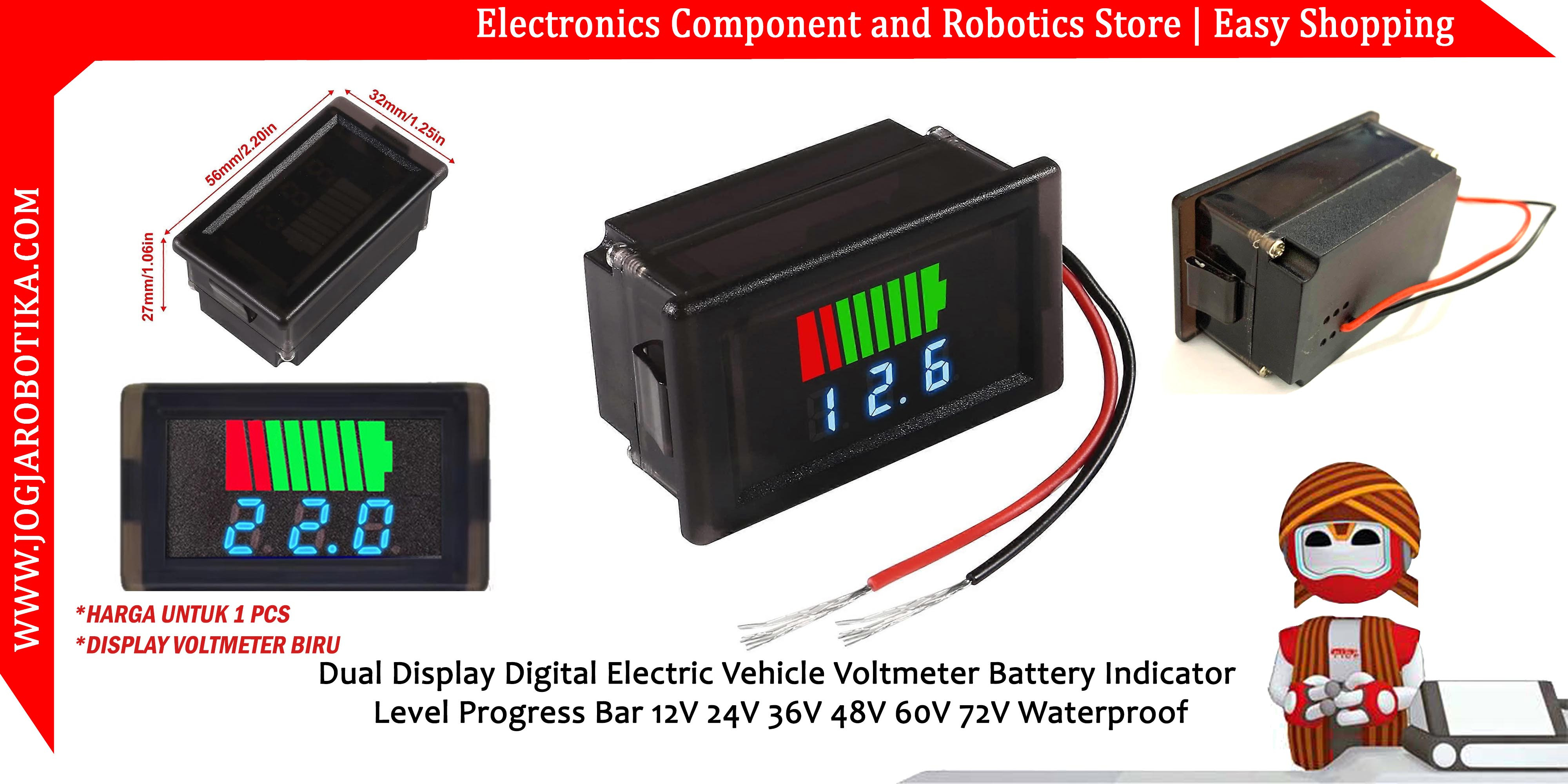 Dual Display Digital Electric Vehicle Voltmeter Battery Indicator Level Progress Bar 12V 24V 36V 48V 60V 72V Waterproof