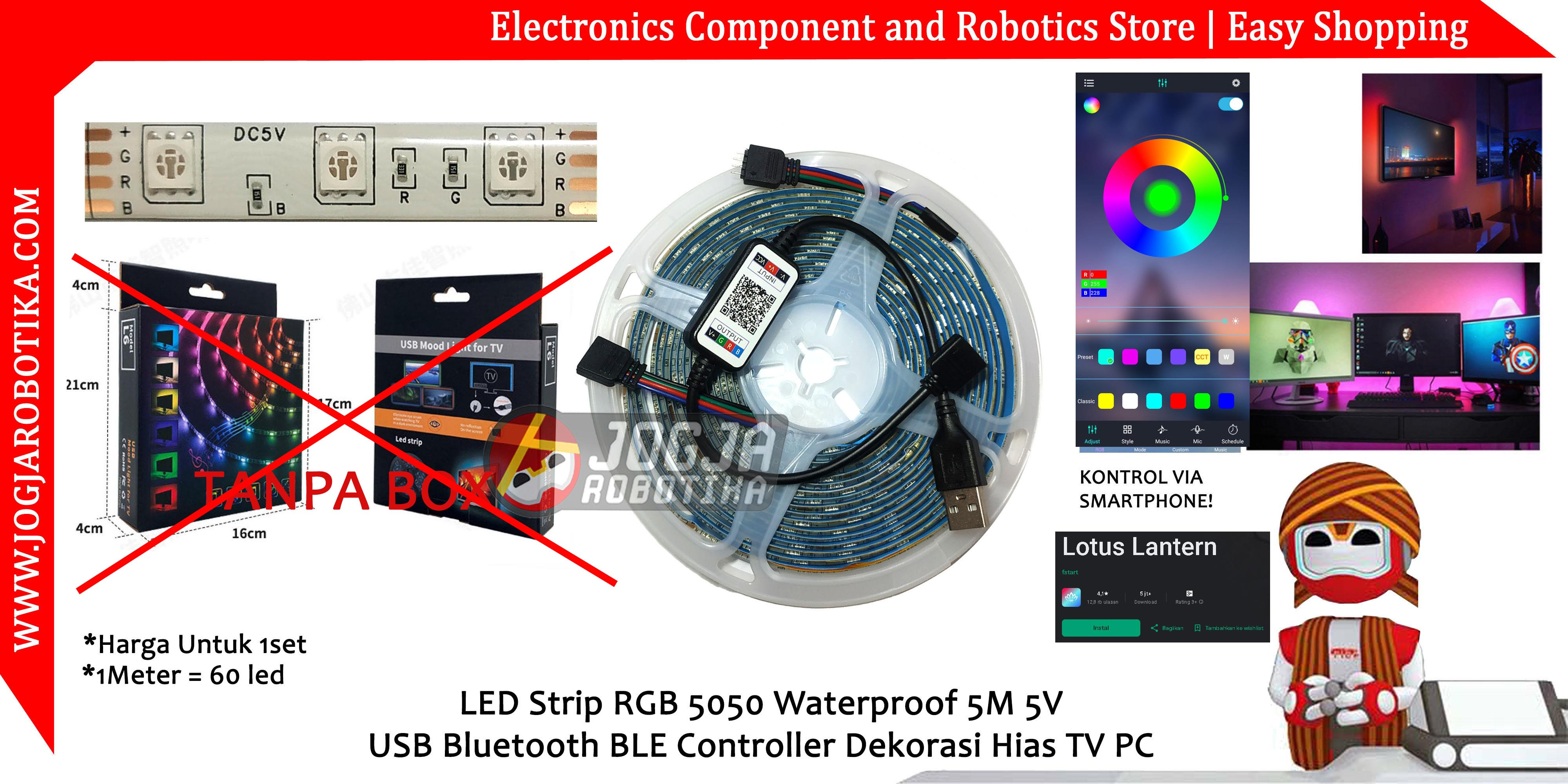 LED Strip RGB 5050 Waterproof 5M 5V USB Bluetooth BLE Controller Dekorasi Hias TV PC