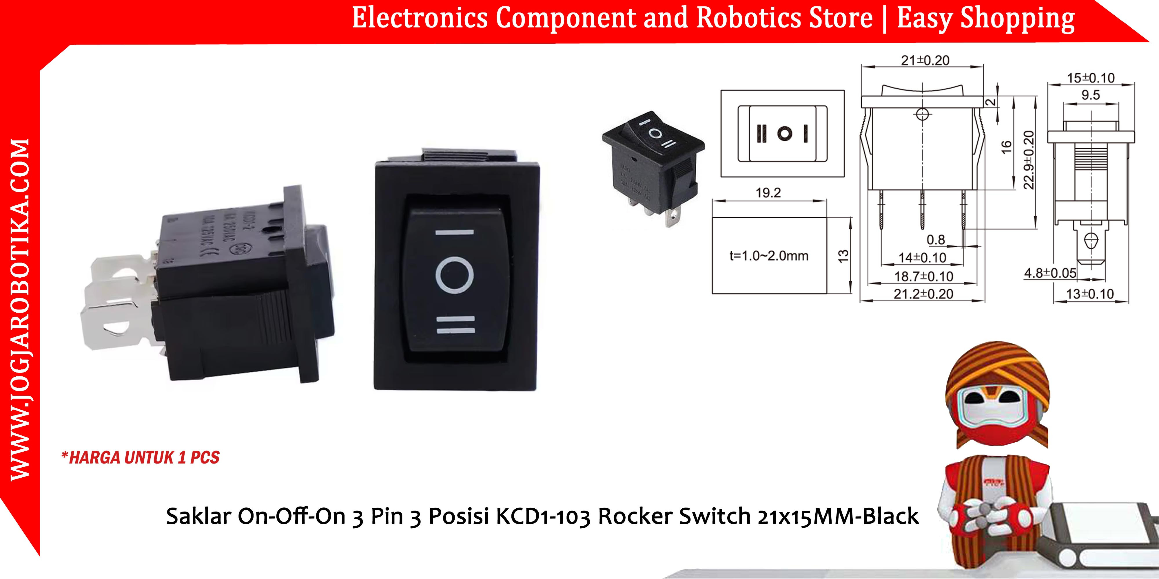 Saklar On-Off-On 3 Pin 3 Posisi KCD1-103 Rocker Switch 21x15MM-Black