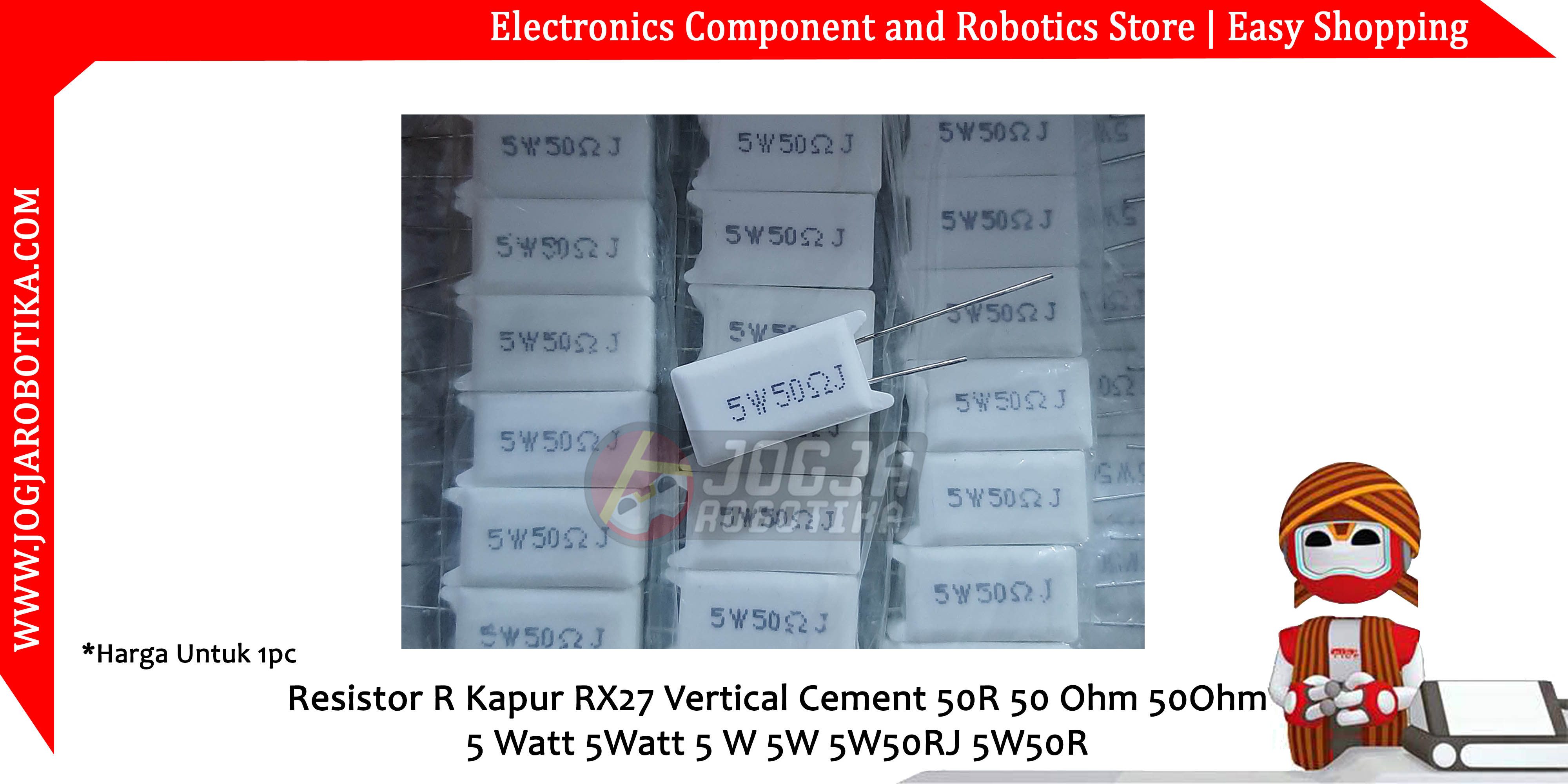 Resistor R Kapur RX27 Vertical Cement 50R 50 Ohm 50Ohm 5 Watt 5Watt 5 W 5W 5W50RJ 5W50R