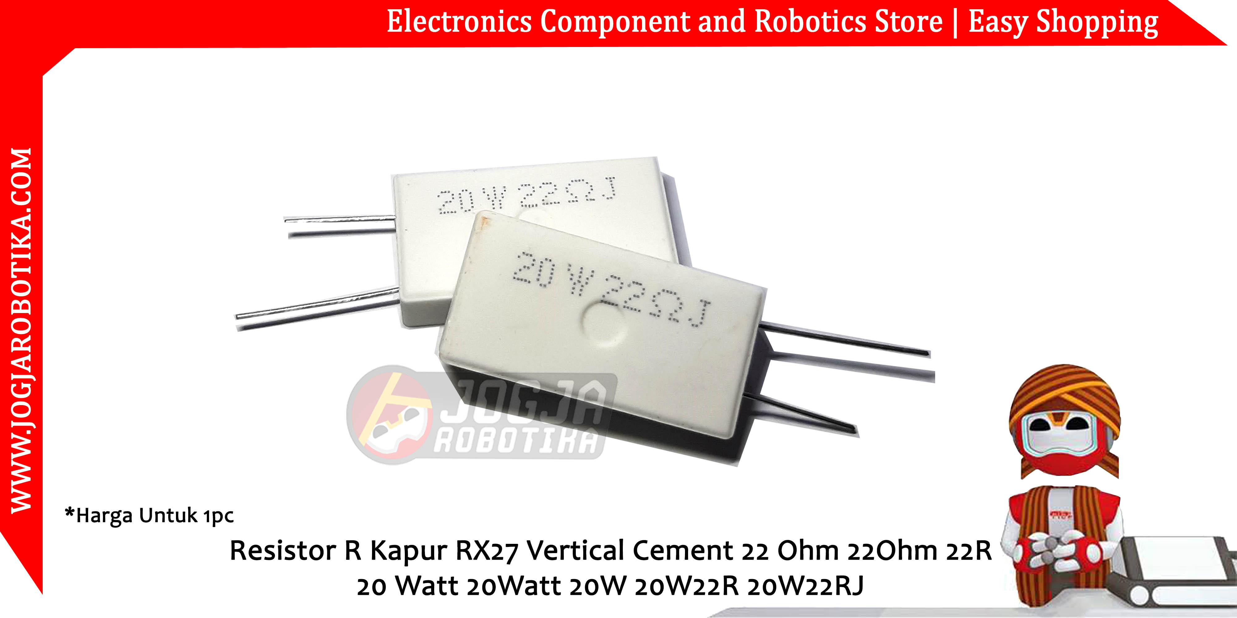 Resistor R Kapur RX27 Vertical Cement 22 Ohm 22Ohm 22R 20 Watt 20Watt 20W 20W22R 20W22RJ