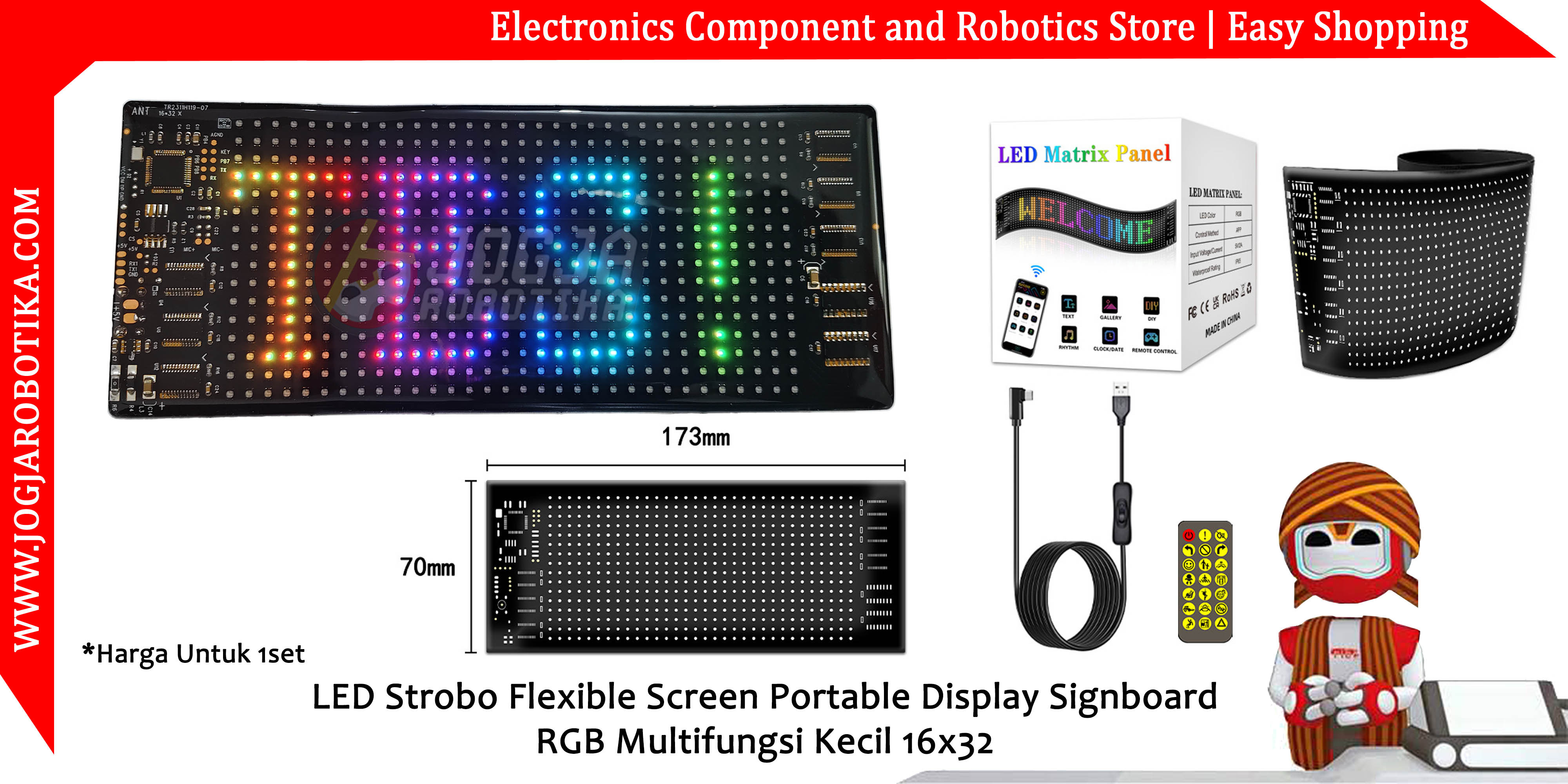 LED Strobo Flexible Screen Portable Display Signboard RGB Multifungsi Kecil 16x32