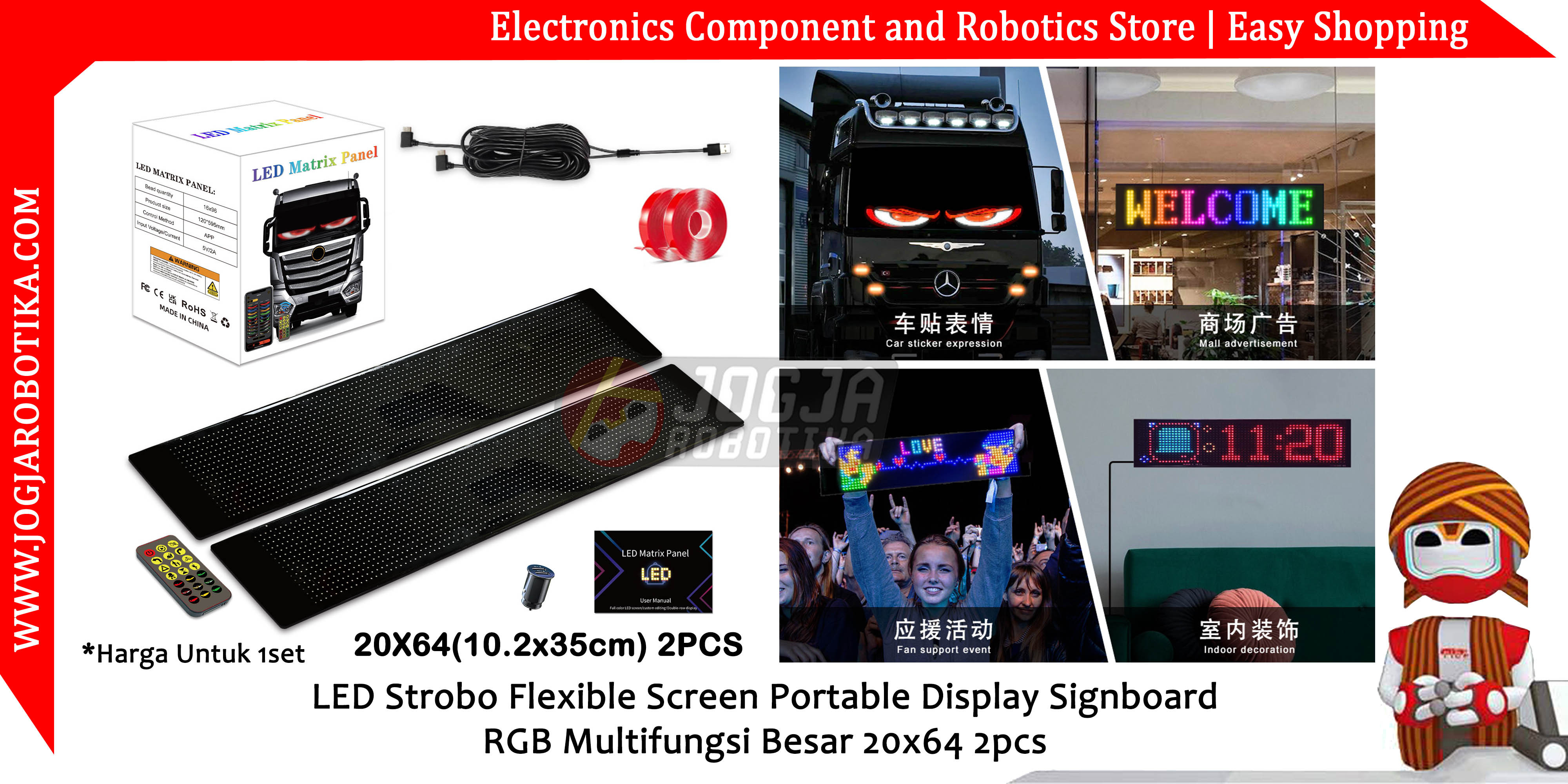 LED Strobo Flexible Screen Portable Display Signboard RGB Multifungsi Besar 20x64 2pcs