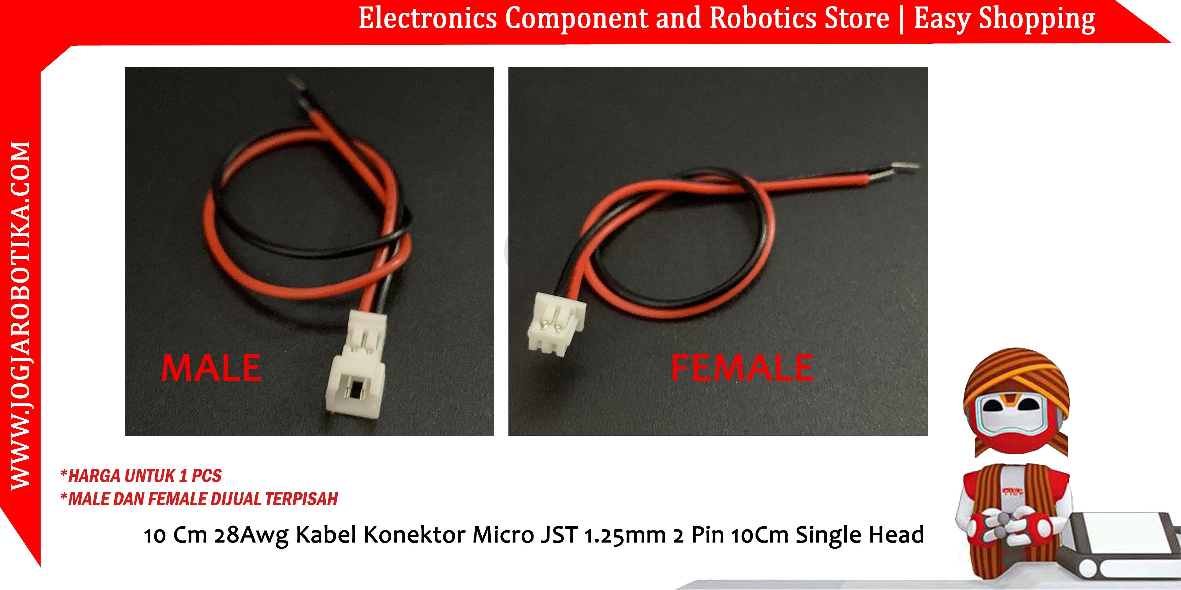 Male 10 Cm 28Awg Kabel Konektor Micro JST 1.25mm 2 Pin 10Cm Single Head - Male