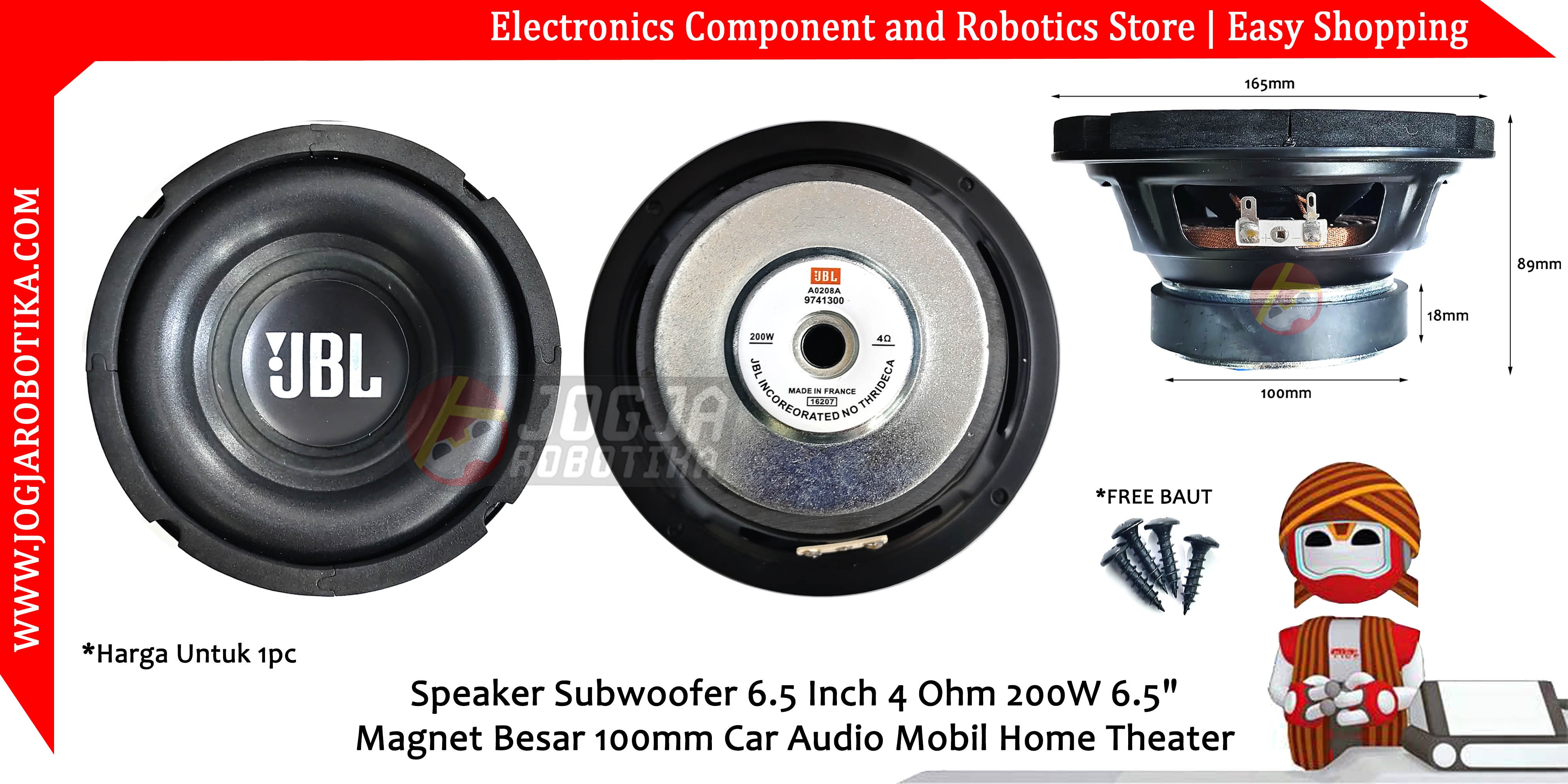 Speaker Subwoofer 6.5 Inch 4 Ohm 200W 6.5" Magnet Besar 100mm Car Audio Mobil Home Theater