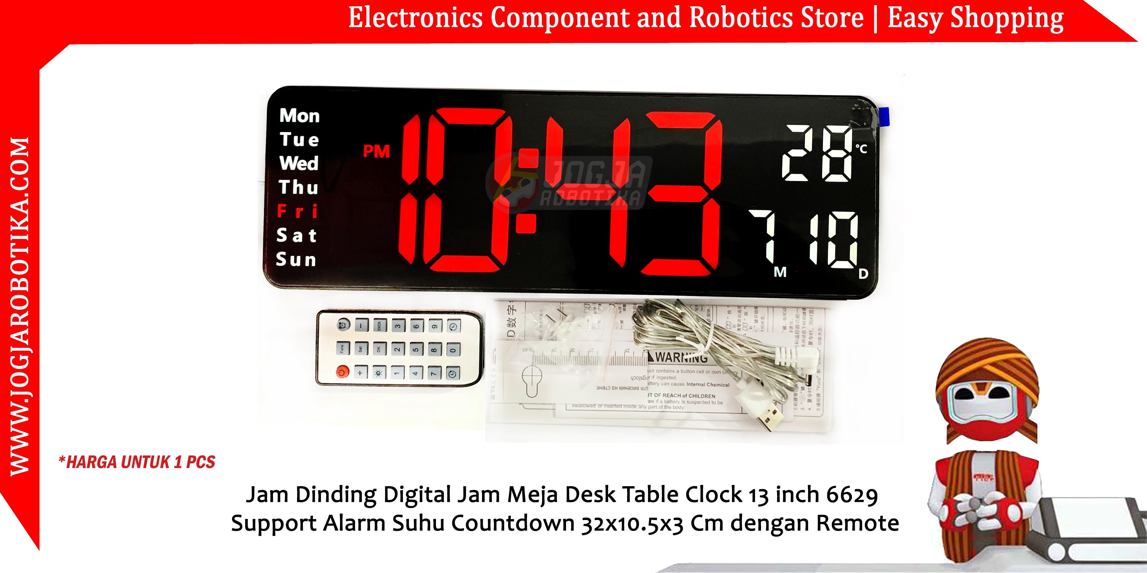 Jam Dinding Digital Jam Meja Desk Table Clock 13 inch 6629 Support Alarm Suhu Countdown 32x10.5x3 Cm dengan Remote