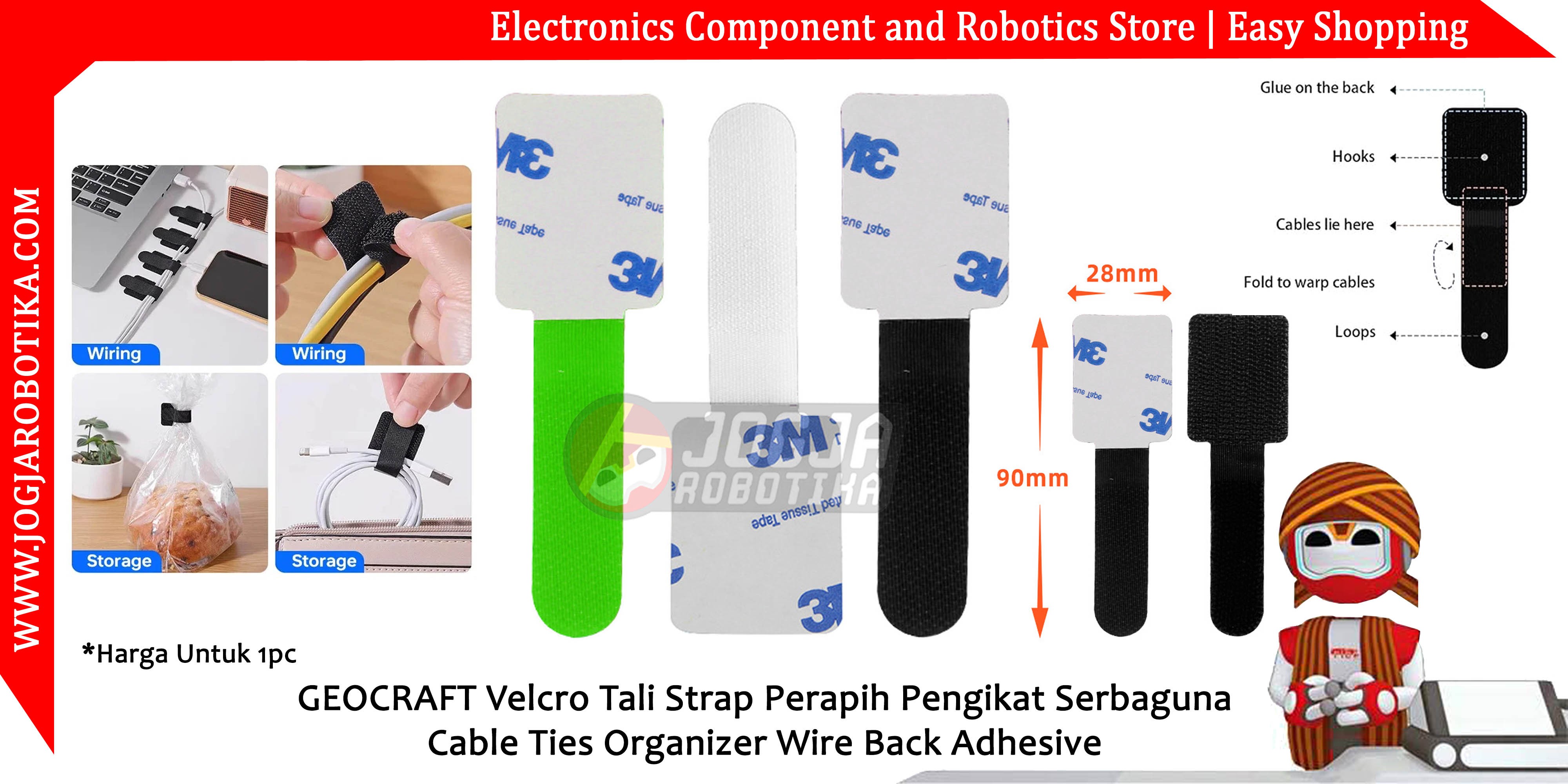GEOCRAFT Velcro Tali Strap Perapih Pengikat Serbaguna Cable Ties Organizer Wire Back Adhesive - Putih