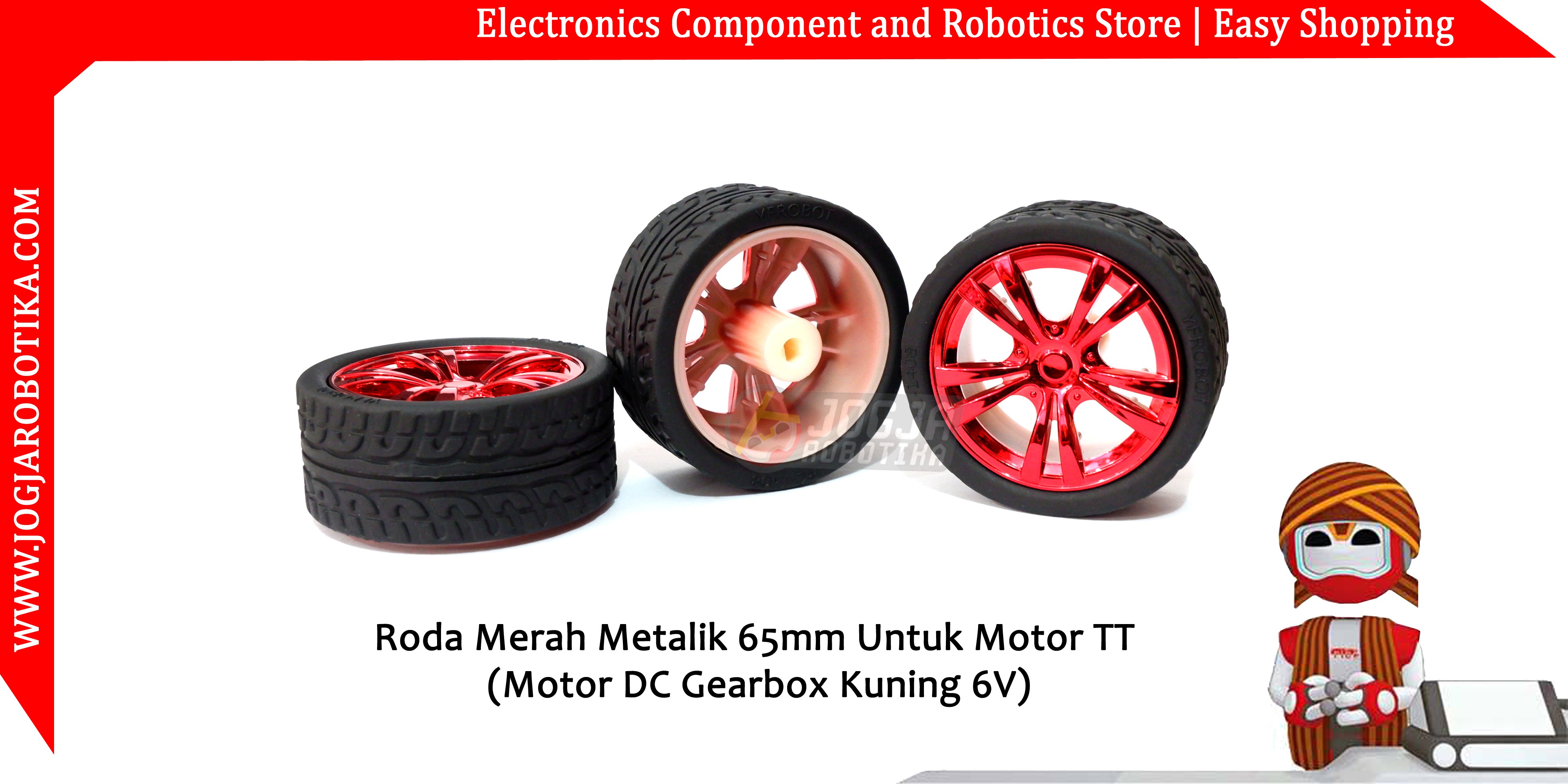 Roda Merah Metalik 65mm Untuk Motor TT (Motor DC Gearbox Kuning 6V)