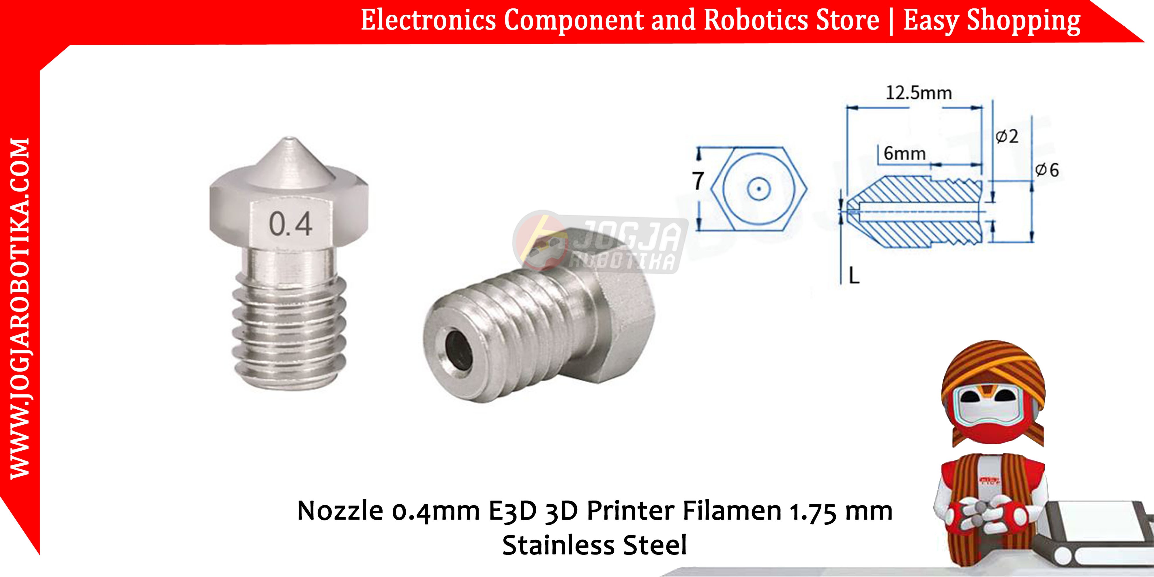 Nozzle 0.4mm E3D 3D Printer Filamen 1.75 mm Stainless Steel